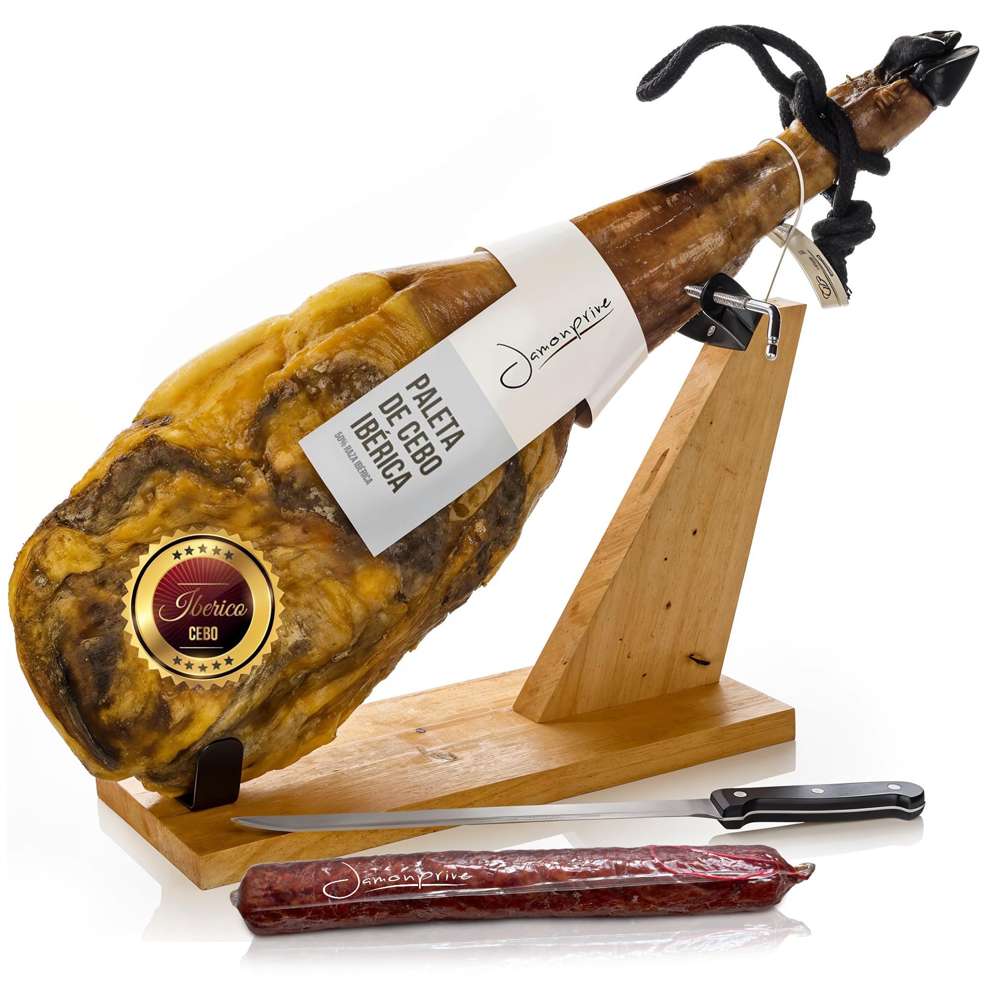 Prosciutto Patanegra Intero 4–4,5 Kg Supporto Prosciutto Iberico, Coltello E Chorizo – Ideale Per Tapas, Feste E Regali Gourmet – Prosciuttos Spagnolo Pata Negra Gusto Autentico, Jamon Iberico