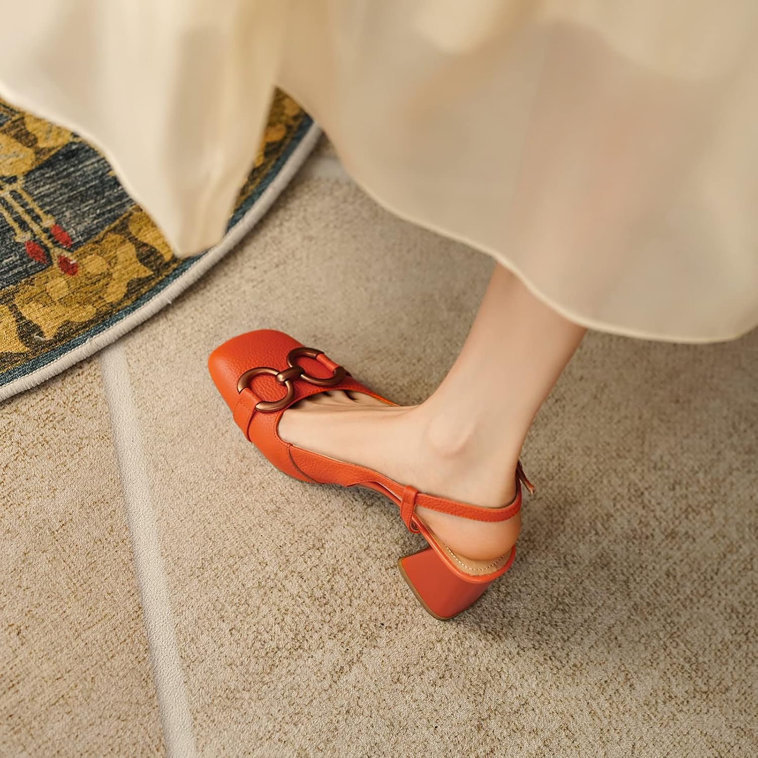 Vertundy Women's Slingback Closed Square Toe Chunky High Heels Sandals Adjustable Ankle Buckle Strap Dress Summer Pumps Ladies Block Heel Orange - Image 5