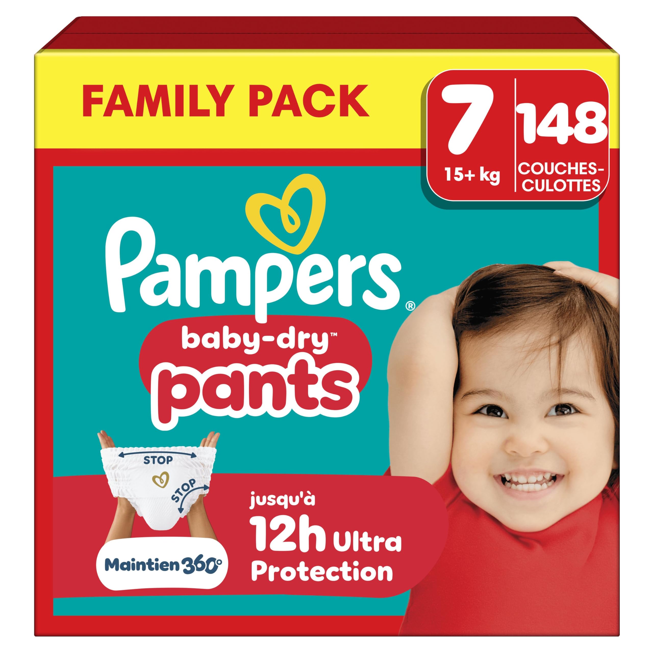 Pampers Baby-Dry Pants Taille 7, 148 Couches-Culottes, 15kg+, Protection 360° contre les fuites jour et nuit, Family Pack - 2