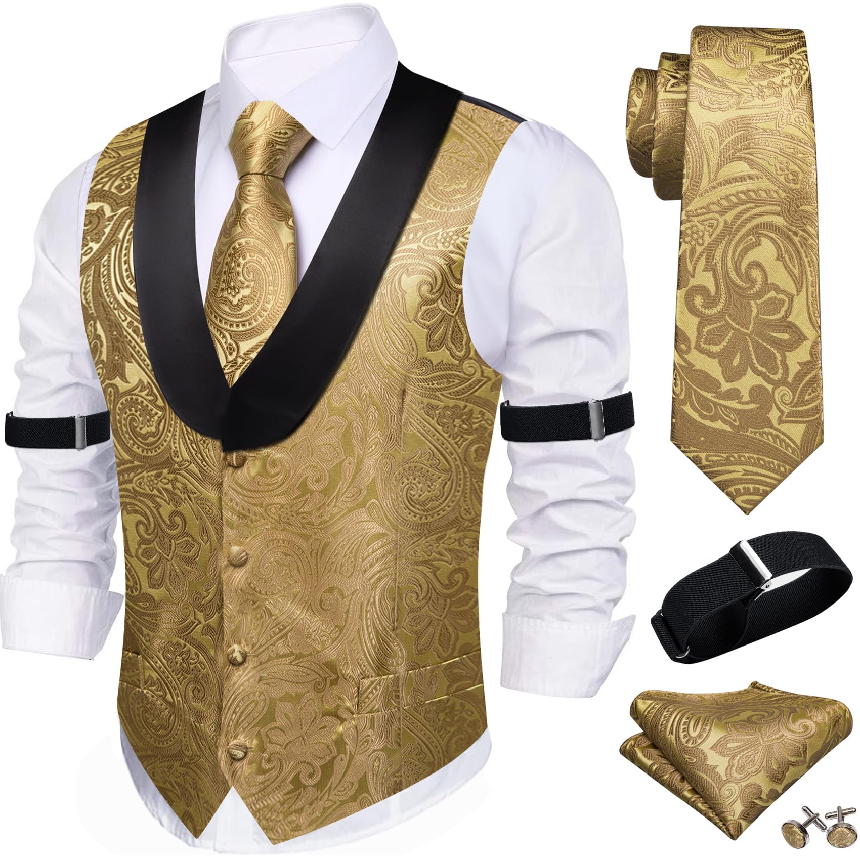 Barry.Wang Mens Silk Paisley/Floral Suit Vest Tie Sleeve Holder Set 5PCS