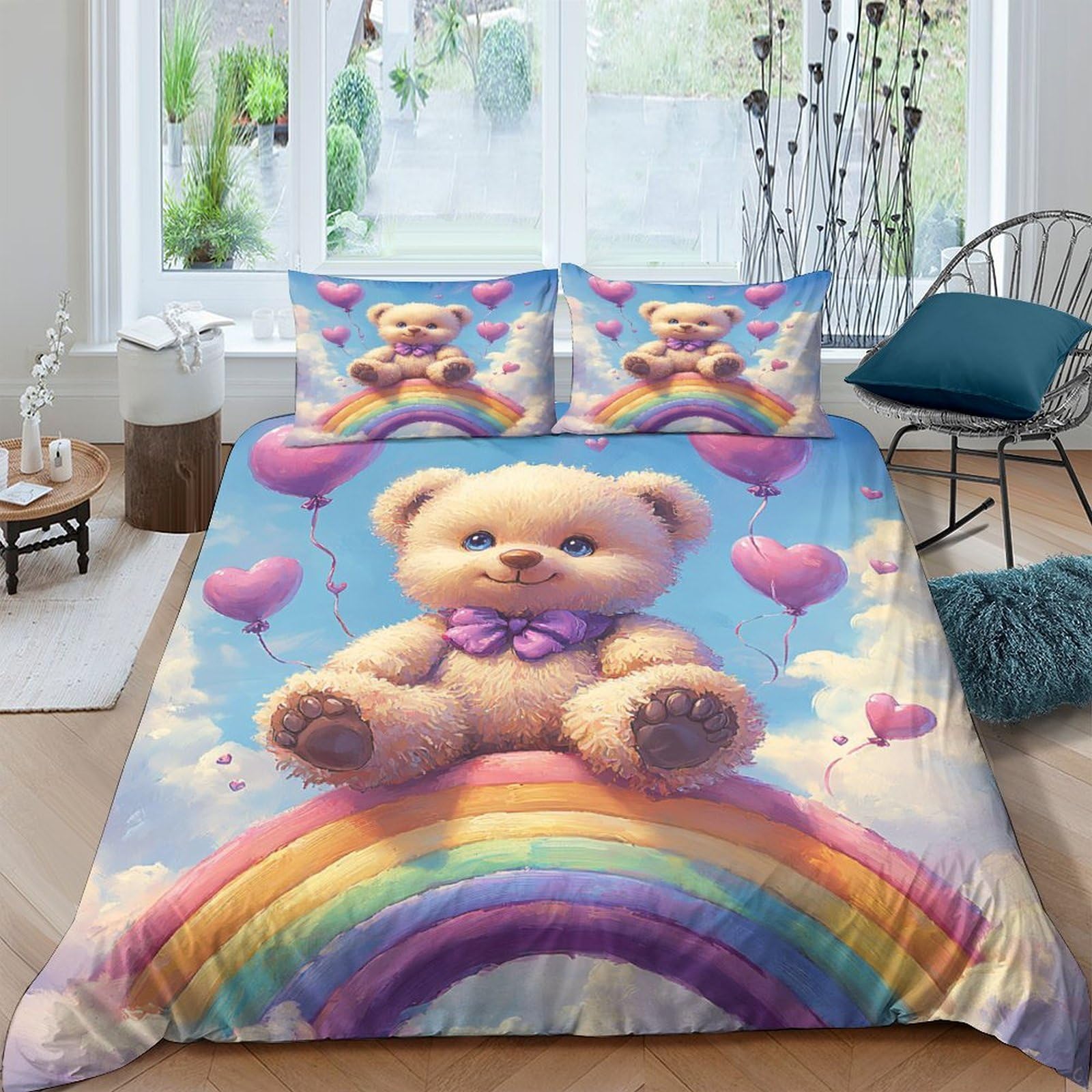 Ctjqhvkz Style-5 3D Printed Cute Teddy Bear Fitted Sheet Microfiber Soft Rainbow Heart Bed Cover For Bedroom Dorm Decorative Mattress Protection Single（135X200cm）