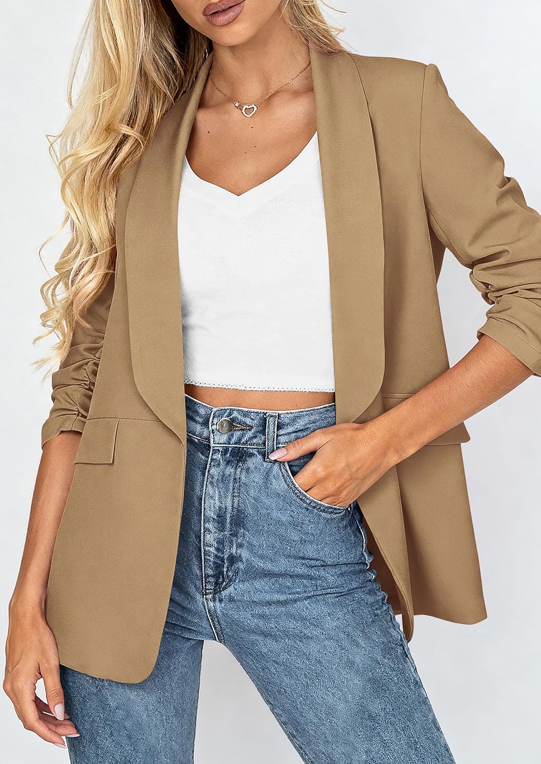 PRETTYGARDEN Women's 2026 Spring Blazers Business Casual Outfits Open Front Ruched 3/4 Sleeve Lightweight Work Suits Jackets - Image 4