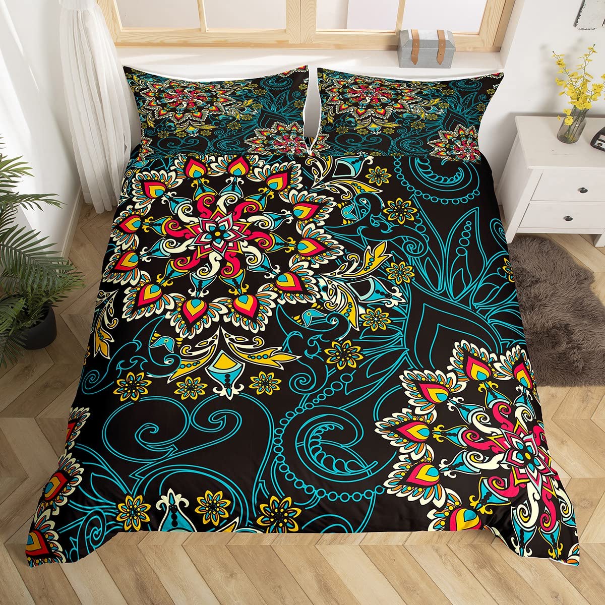 Exotic Baroque Bedding Set Watercolor Flowers Comforter Cover Abstract Boho Floral Duvet Cover for Kids Child Boys Girls,Vintage Ethnic Tribal Plant King Bed Set,Mexican Style Nordic Bohemian Decor