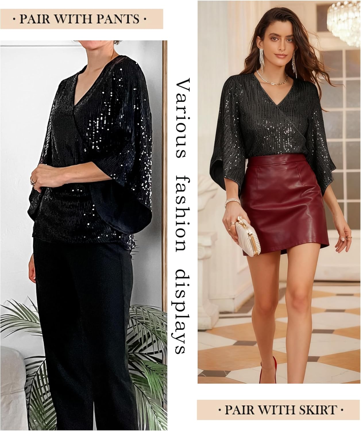 GRACE KARIN Womens Sparkly Sequin Tops,3/4 Sleeve Glitter Party Dressy Blouse,V-Neck Disco Evening Club Concert Shirt - Image 5