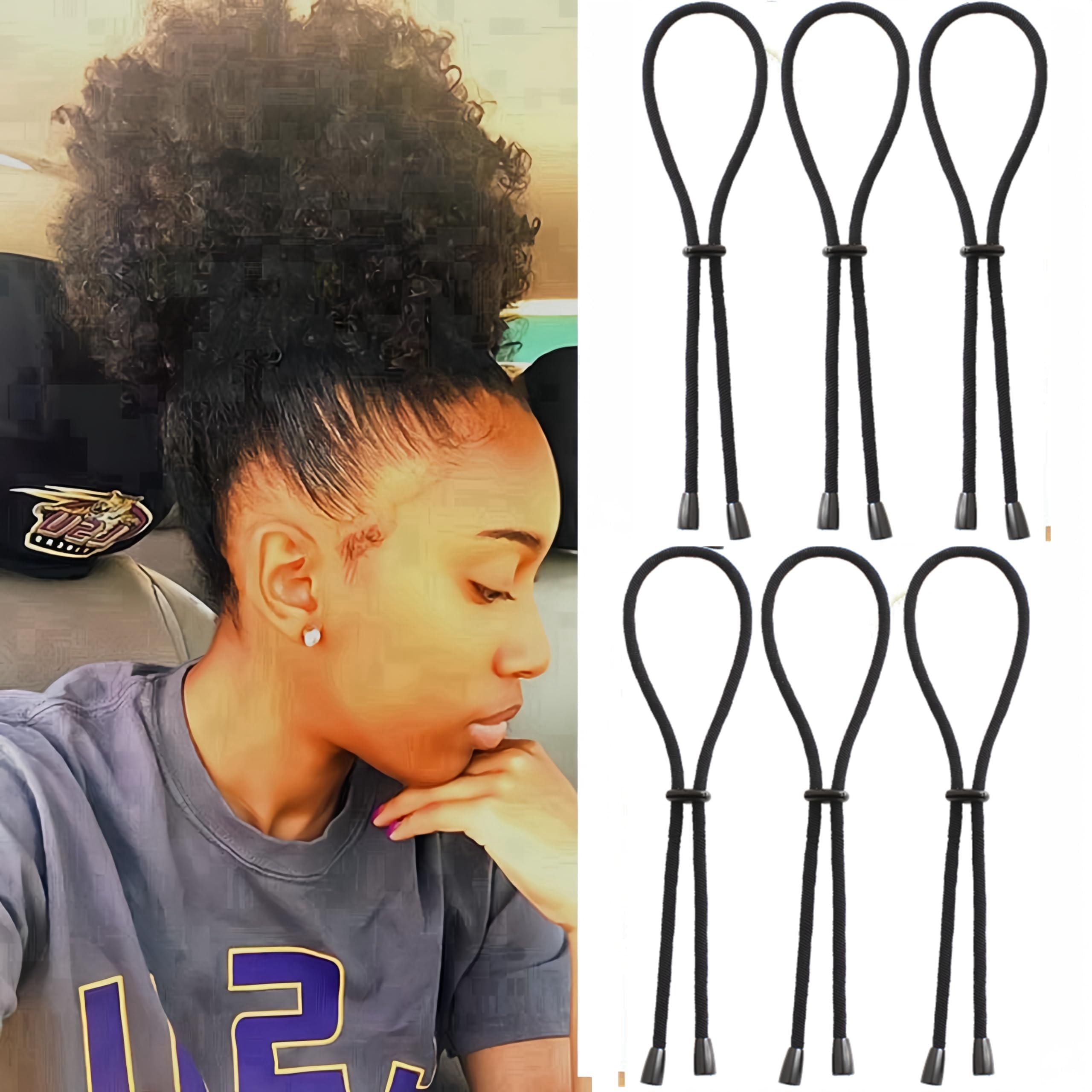 Afro Puff Drawstring Ponytail Ties Adjustable Length Hairband for Short Kinky Curly Hair Bun Hair Ties for Afro Long Cushioned Headband Ties for Women with Thick, No-Slip Design (B-Black-6PCS)