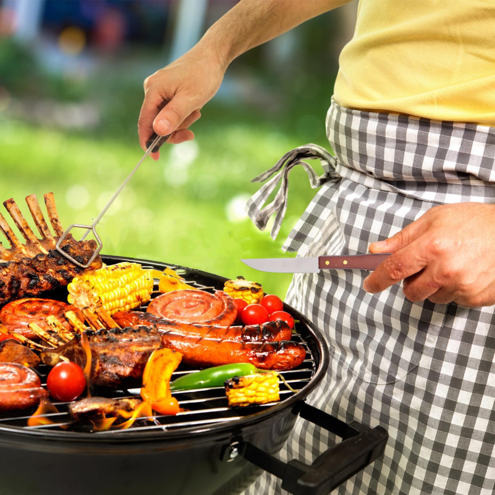 Set Utensili Barbecue Portatile Acciaio Inox Guanto | Nero, Manico in Legno, Borsa Inclusa, per Campeggio e Outdoor, Accessori per Griglia