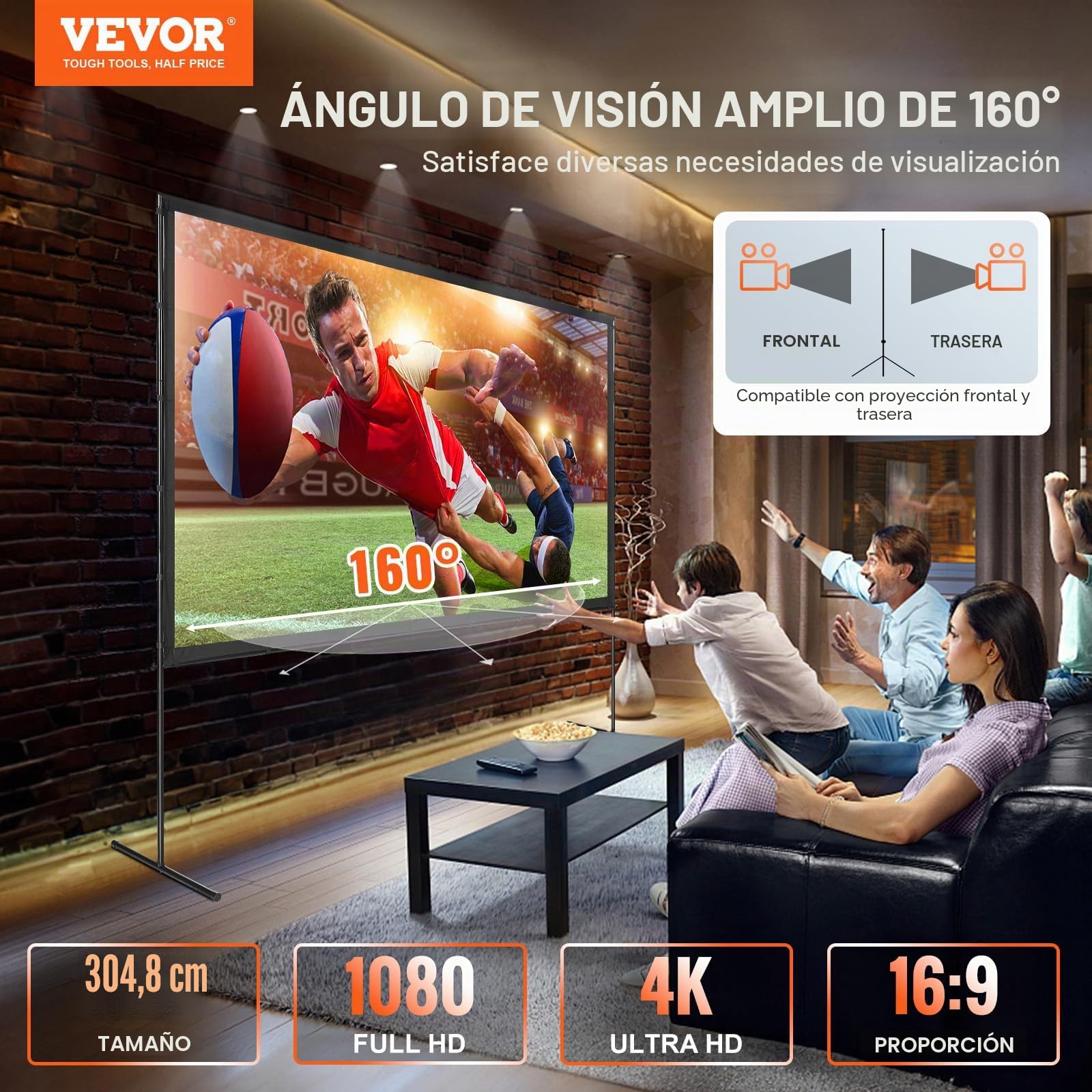 VEVOR Pantalla de Proyector de Pie 120" 16:9 HD Pantalla de Proyección Portátil de Doble Cara Antiarrugas Amplio Ángulo de Visión con Bolsa de Almacenamiento para Proyector de Vídeo de Cine en Casa