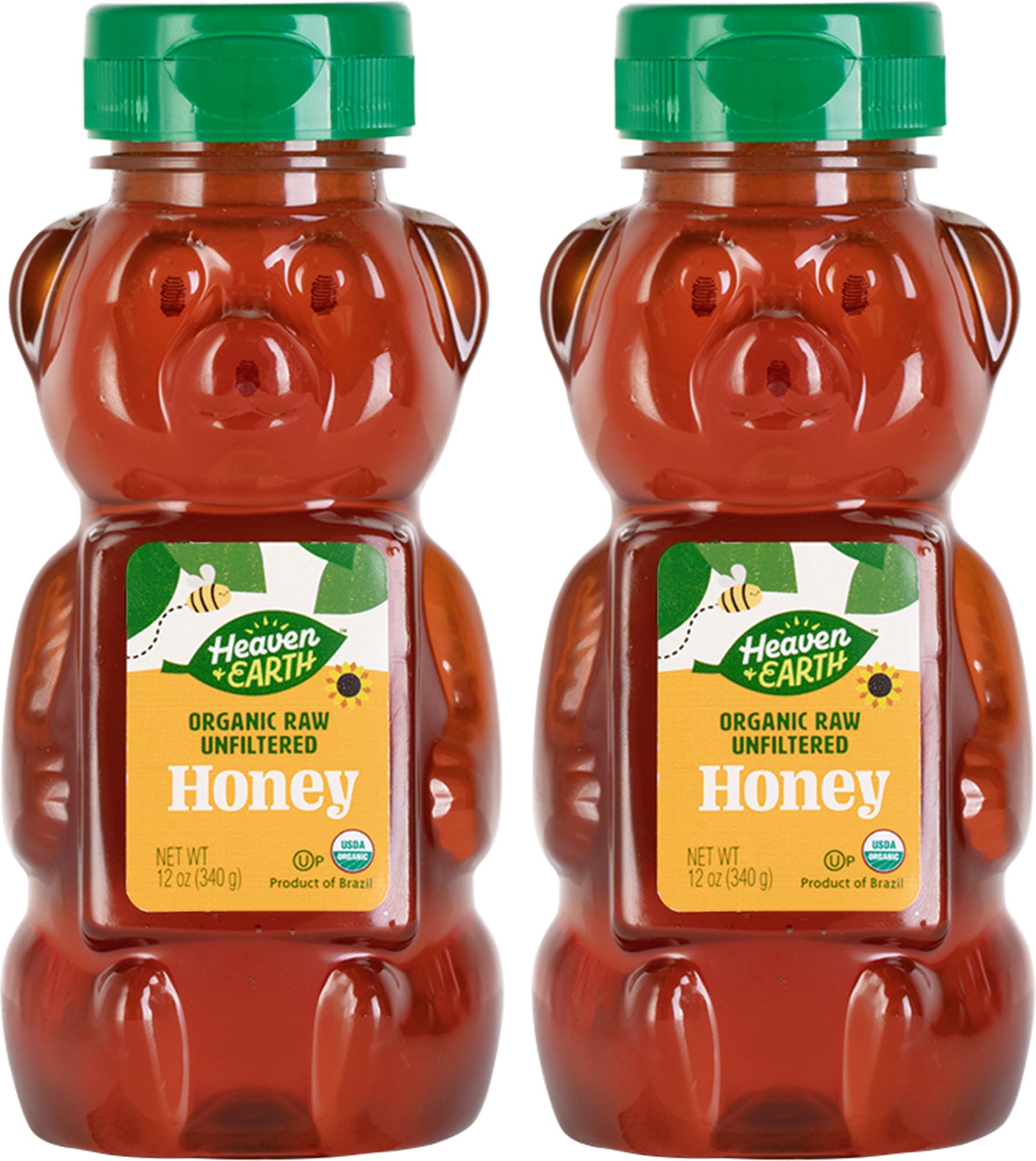 Heaven & Earth Organic Raw Unfiltered Honey, 12 oz (2 Pack) | USDA Certified | Bear Shaped Squeeze Bottle | Pure & Natural Honey | Perfect for Tea,