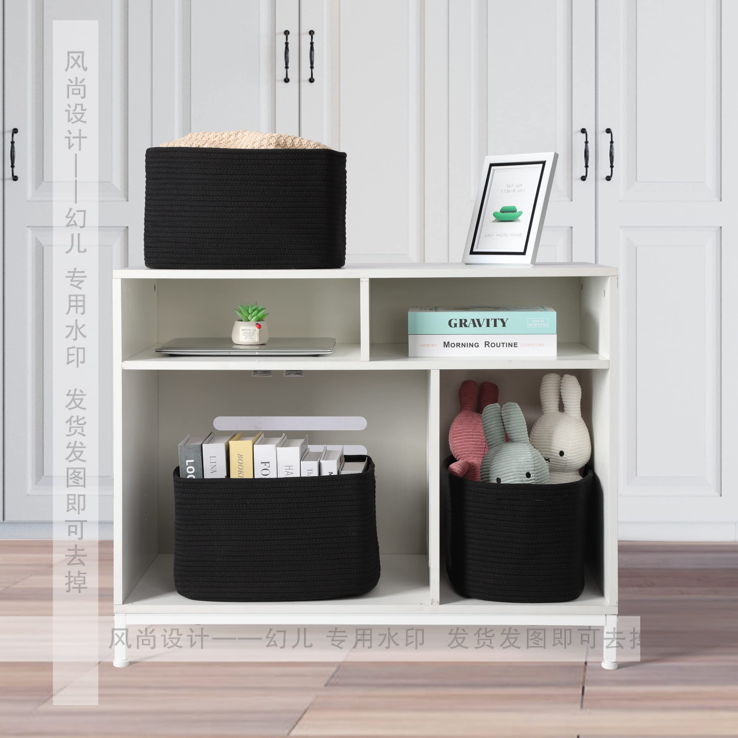 Cesta de almacenamiento rectangular, cuerda de algodón blanco, 36,8 x 24,1 x 23,6 cm, cestas decorativas para organizar estanterías, ropa, juguetes, libros y toallas, organizador trenzado, set de 3