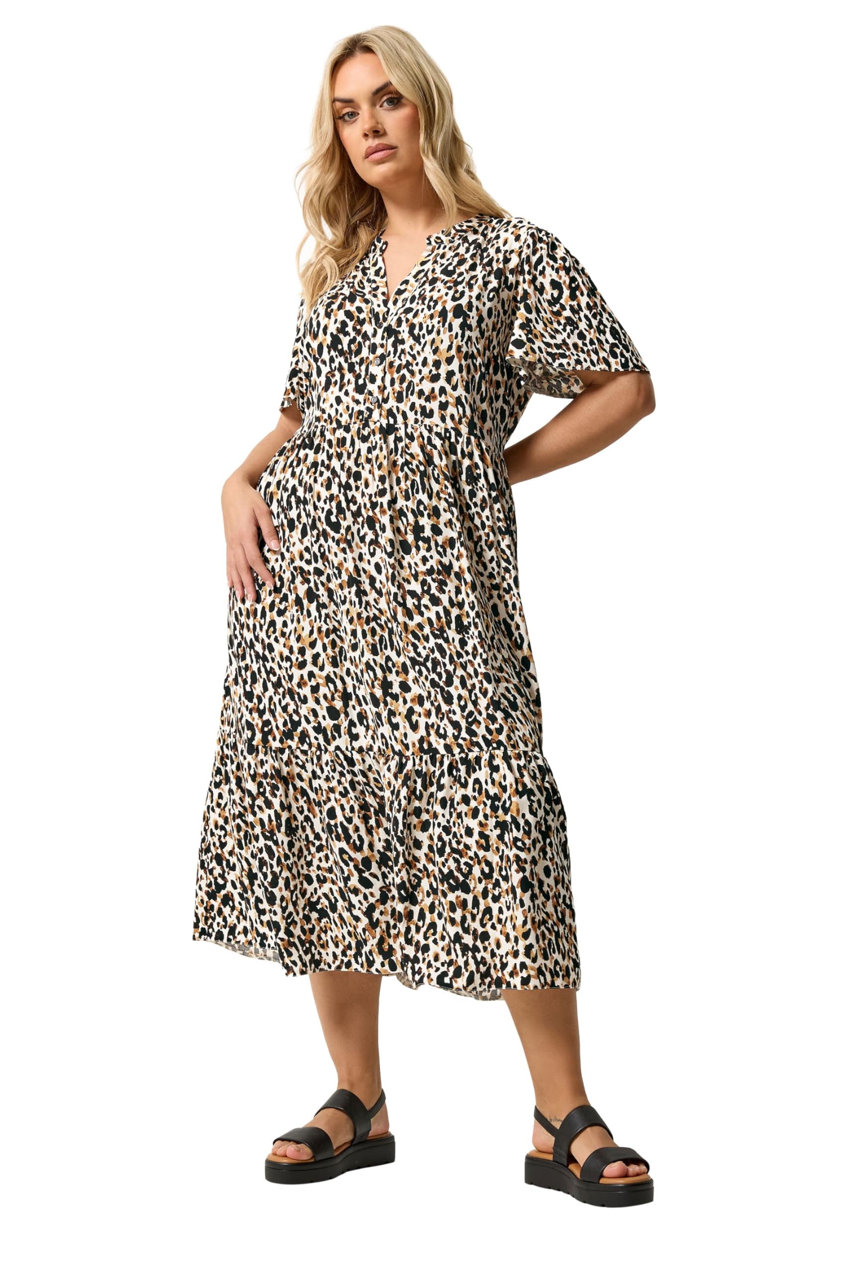 Yours Women's Brown Leopard Print Half Placket Dress In Size 26-28