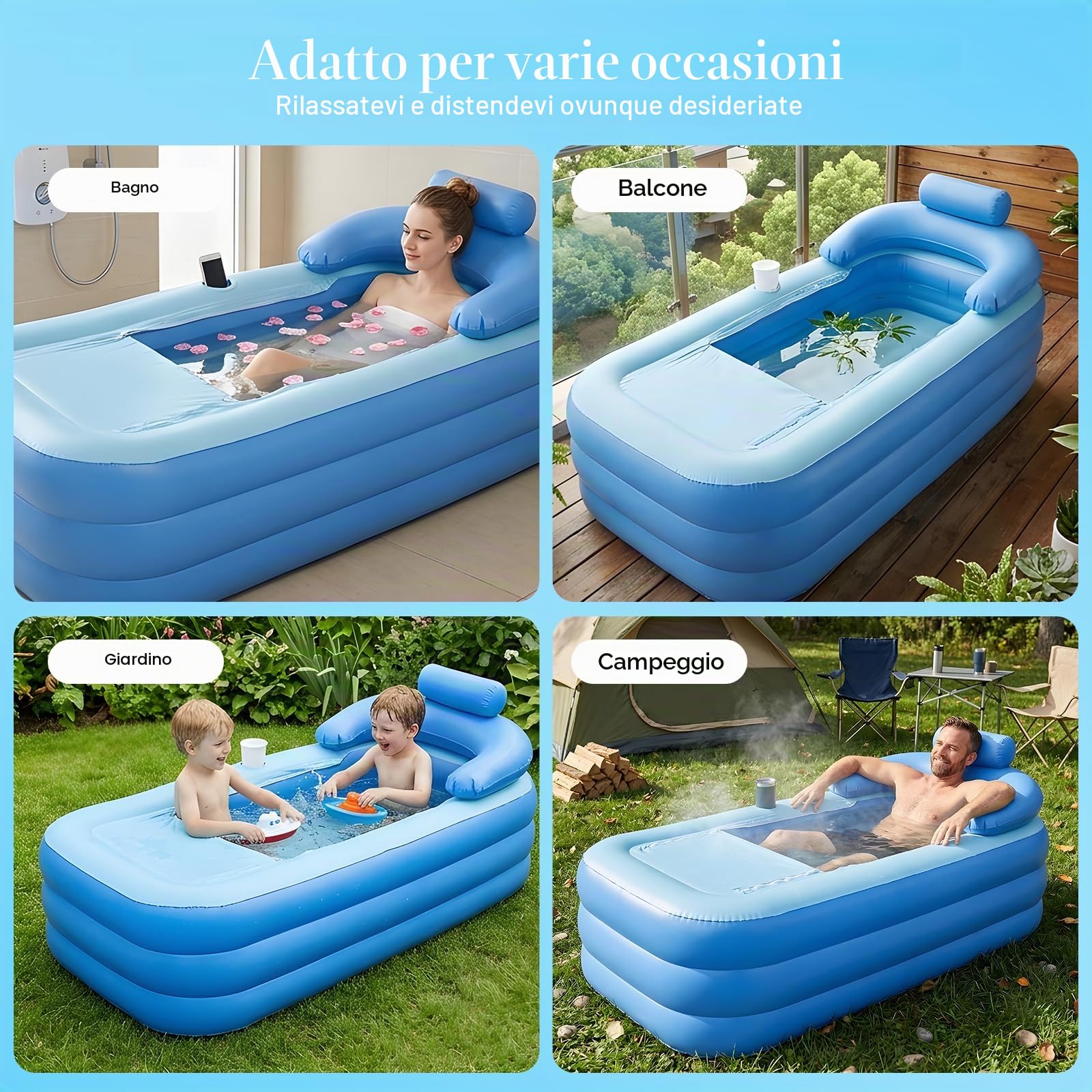 Vasca Bagno Gonfiabile, XL 160x84x74Cm Vasca Bagno Portatile Pieghevole asca Bagno Mobile Pieghevole Per Adulti Con Cuscino Supporto Per Schiena Include Portabevande Per Spa Ghiaccio Campeggio