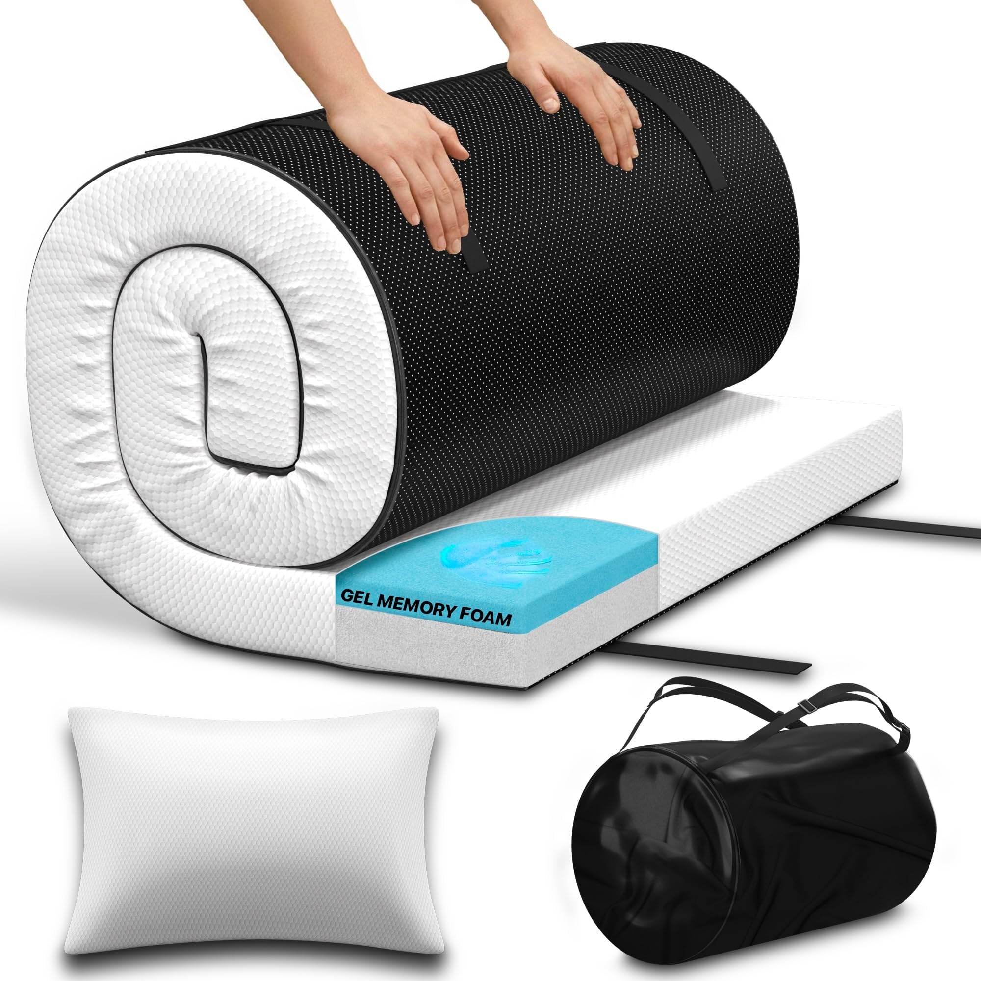 Single Foldable Gel Memory Foam Floor Mattress – Roll Up Topper Pad, Portable Guest Bed for Camping, Camper Van & Home – Comes With Pillow and Carrying Bag – White, 190x75x7.5cm