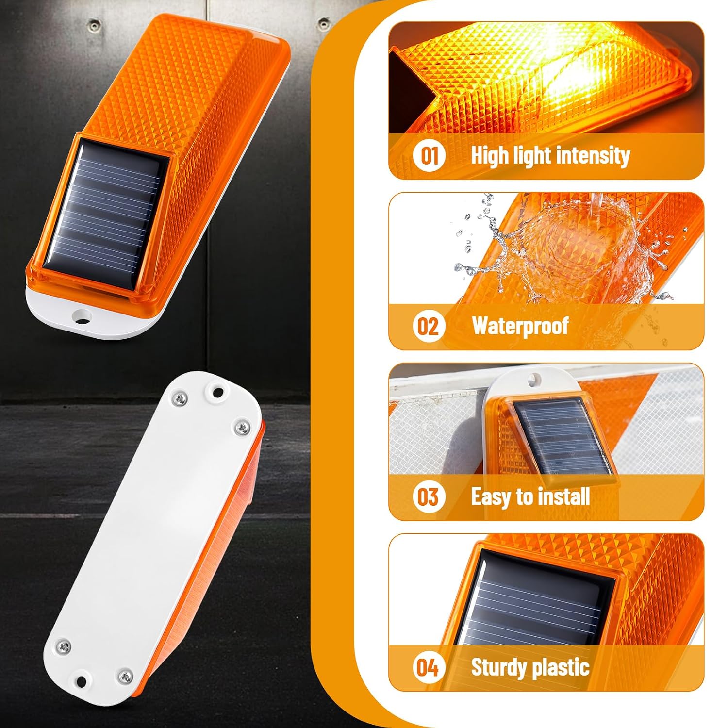 Rossesay 8 Pcs Solar Strobe Warning Lights Sensitive LED Warning Lamp IP54 Waterproof Yellow Flashing Beacon Outdoor Safety Traffic Lights for Driveway, Construction Site, Barricade, Dock, Vehicle