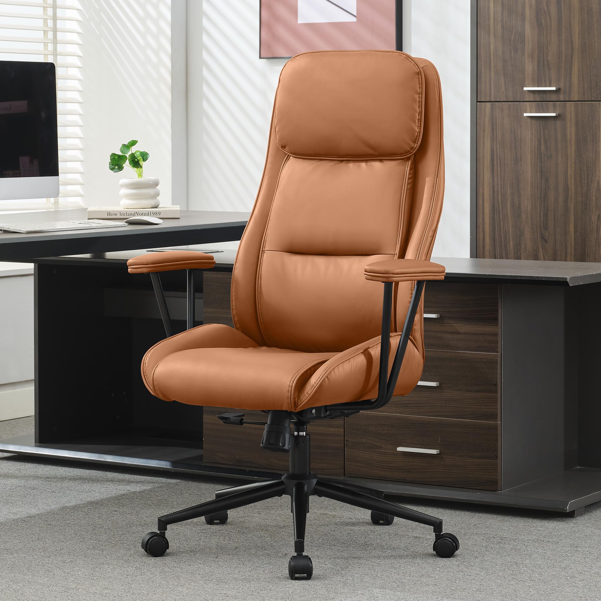 Executive Chair Modern Office Chair,55° Reclining High Back Desk Chair with Wheels,Conference Room Chairs,PU Leather Office Chair,Swivel Chair 330lbs,Computer Chair for Adults (Pure Brown)
