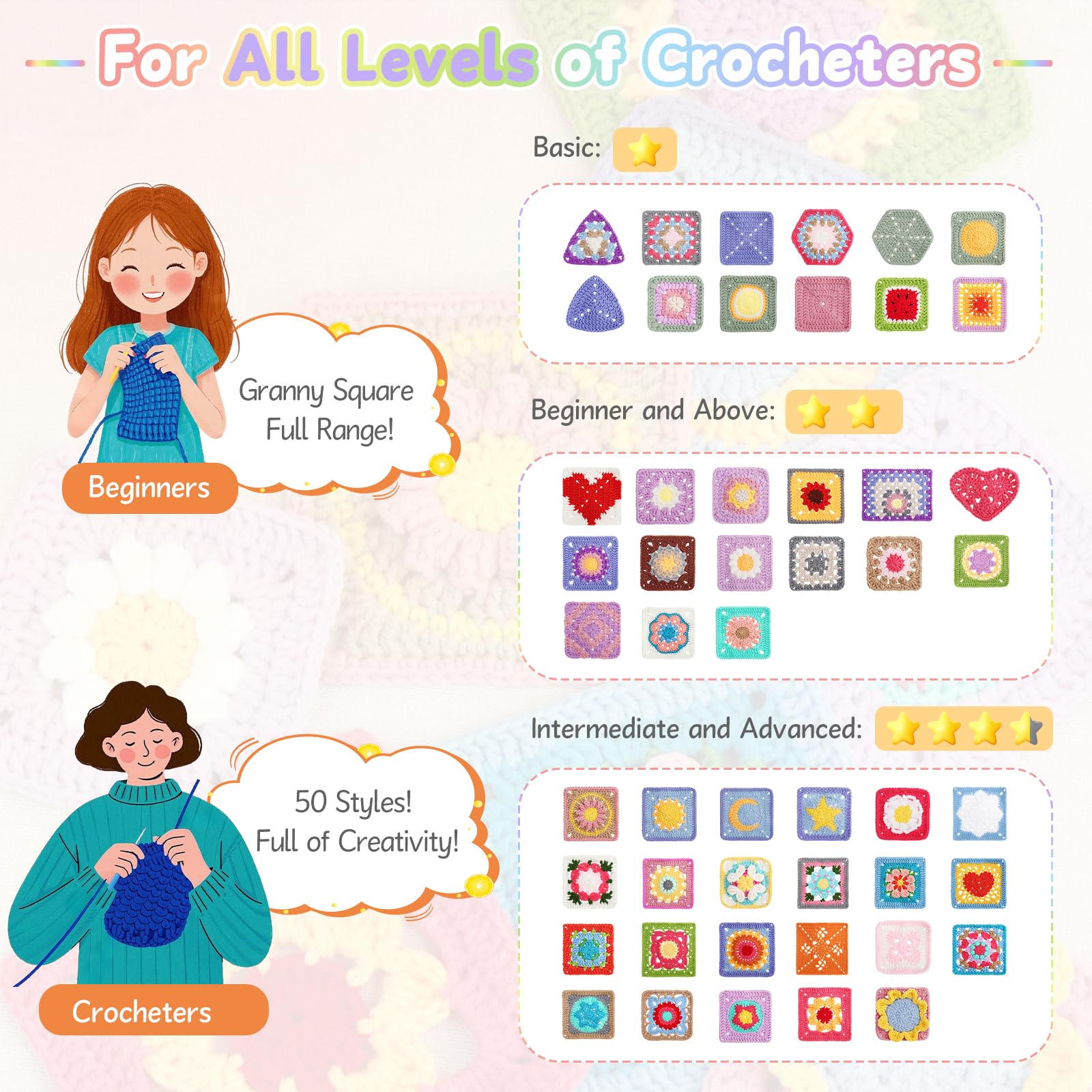 Coopay Quadratisches Häkelset für Anfänger, Häkel-Starter-Set, komplettes Häkelset mit Garn in 18 Farben und 3 quadratischen Häkelbüchern, Häkelstichkartendeck – 50 verschiedene Designs
