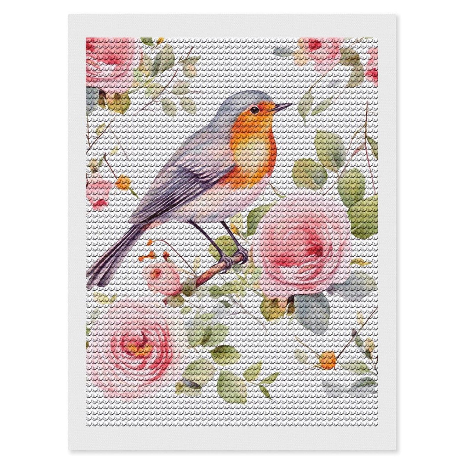 DWVTSLH Floral Print Watercolor Robin Bird Diamond Painting Kits for Adults, Personalized Diamond Photo Art Full Drill, DIY 5D Diamond Art Painting Kits for Beginners, Home Wall Decor 12"x16"