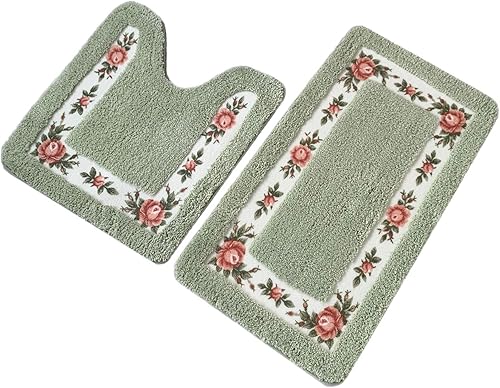 UKELER Juego de 2 tapetes antideslizantes de contorno de baño con diseño de rosas florales, suaves, peludas y antideslizantes para baño y inodoro en