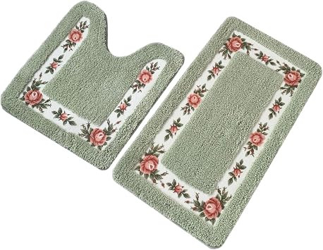 UKELER Non-Skid Floral Rose Bathroom Contour Rugs, Set of 2 Soft Shaggy Non Slip Bath Shower Mat and U-Shaped Toilet Floor Rugs, Green