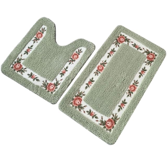 UKELER Non-Skid Floral Rose Bathroom Contour Rugs Set of 2 Soft Shaggy Non Slip Bath Shower Mat and