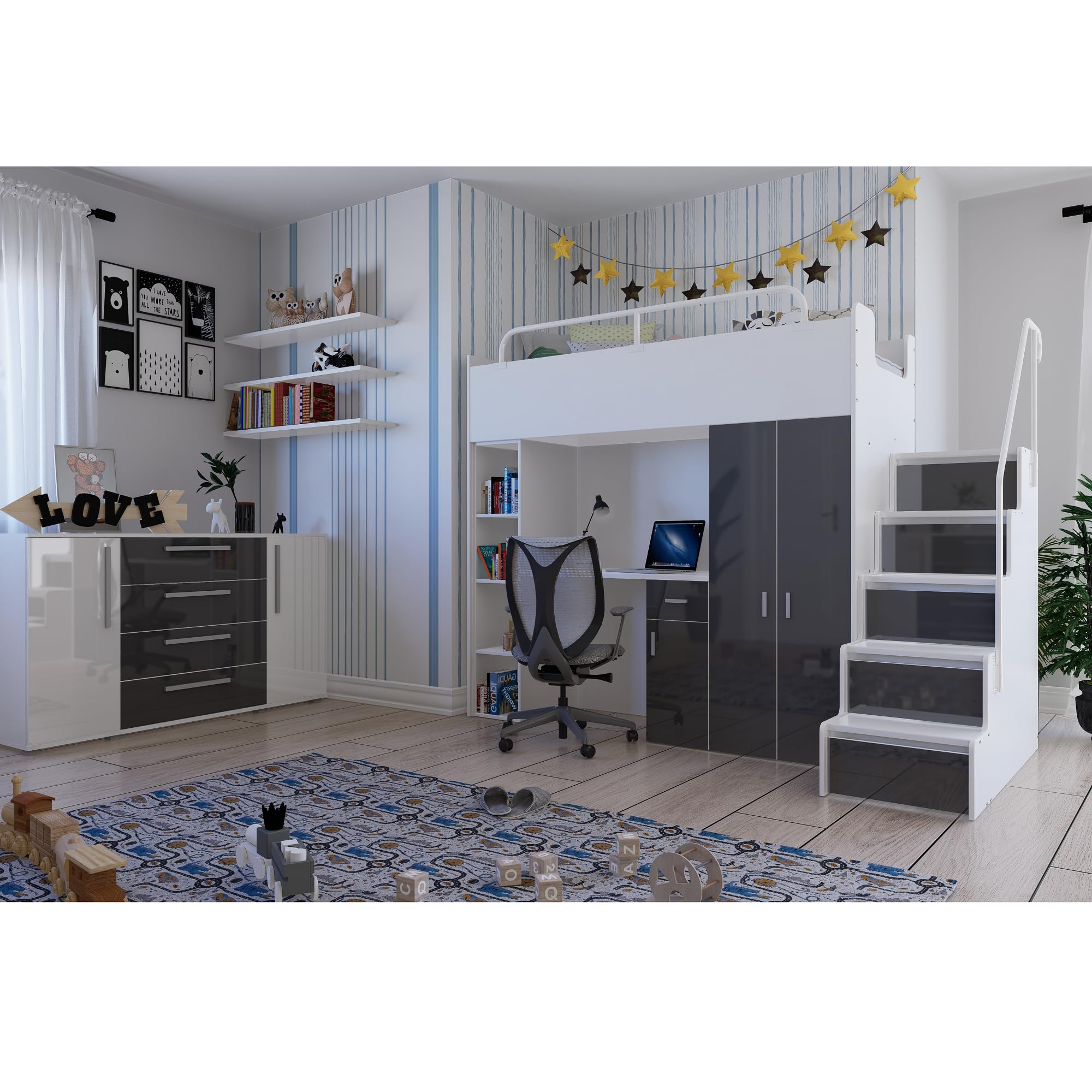 Hochbett JSM-4 80x190 mit Kleiderschrank Schreibtisch und Treppe Hochglanz Kinderbetten Funktionsbett Etagenbett Stockbett Kinderhochbett Jugendhochbett (Schwarz Glanz)