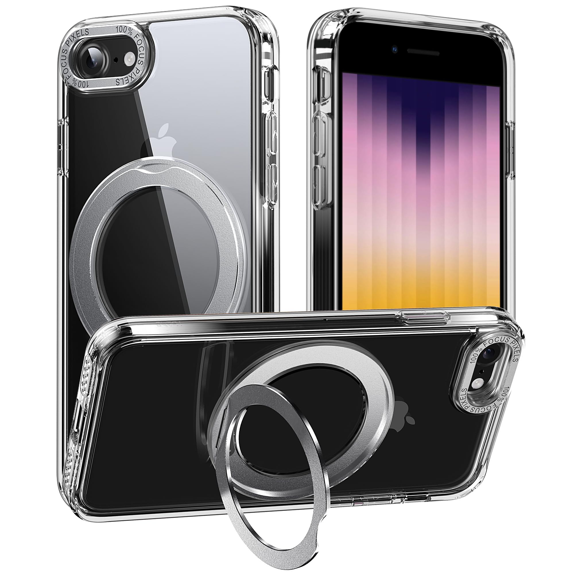 Mcoifull と互換性のあるiPhone SE 第3世代 ケース/第2世代/8/7共通ケース多機能360度回転スタンドマグネット搭載 ワイヤレス充電 耐衝撃 マット感 透明 指紋防止 アジャスタブルスタンド クリア