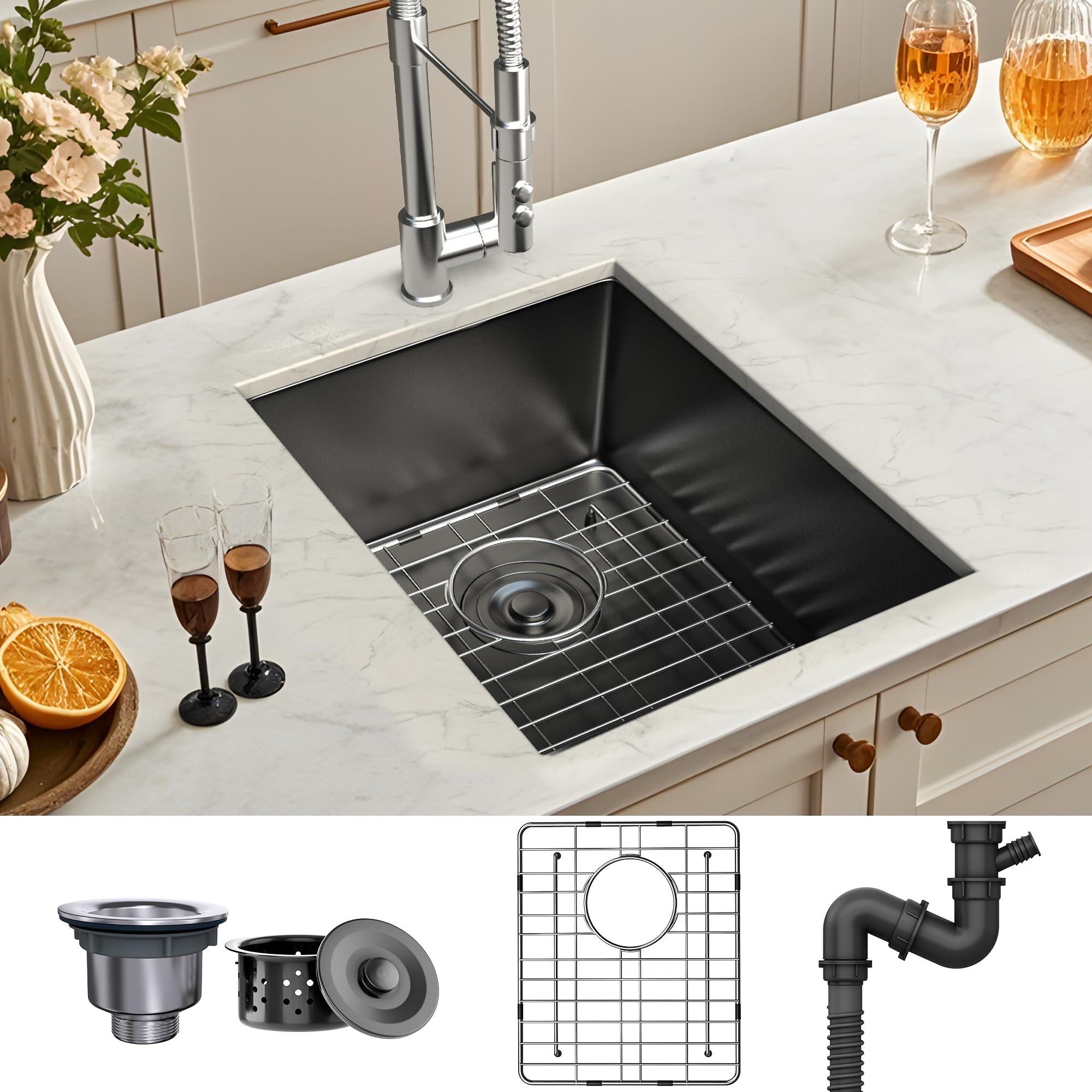 YITAHOME Black Kitchen Sink 15in, Stainless Steel Undermount Bar Sinks, Nano Gunmetal Black Small Single Bowl with Grid for Workstation, RV, Prep Kitchen 15 x 17 x 10 in