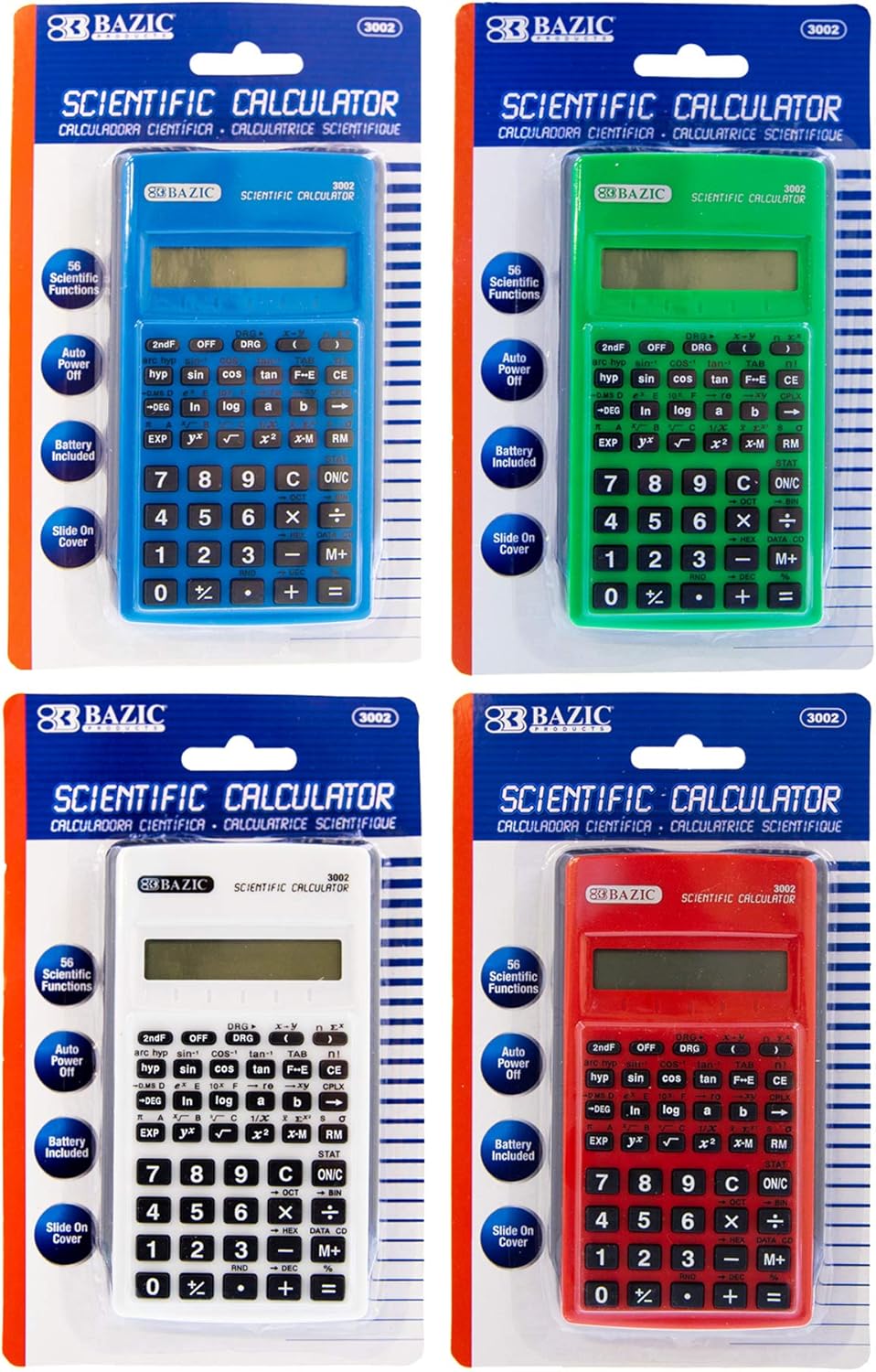 BAZIC Products Scientific Calculator 56 Function w/Slide-On Case, Engineering Calculators LCD Display, Great for Students and Professionals, Asst Color, 12-Pack