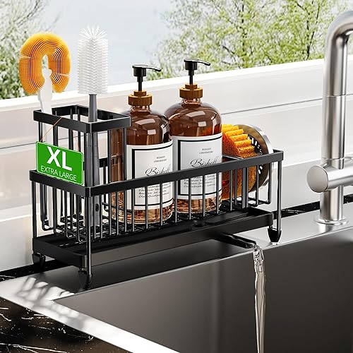Miniatura 25 de Cisily Soporte de esponja negro para fregadero de cocina, organizador de caddy de fregadero con soporte alto para cepillo, organizadores de encimera