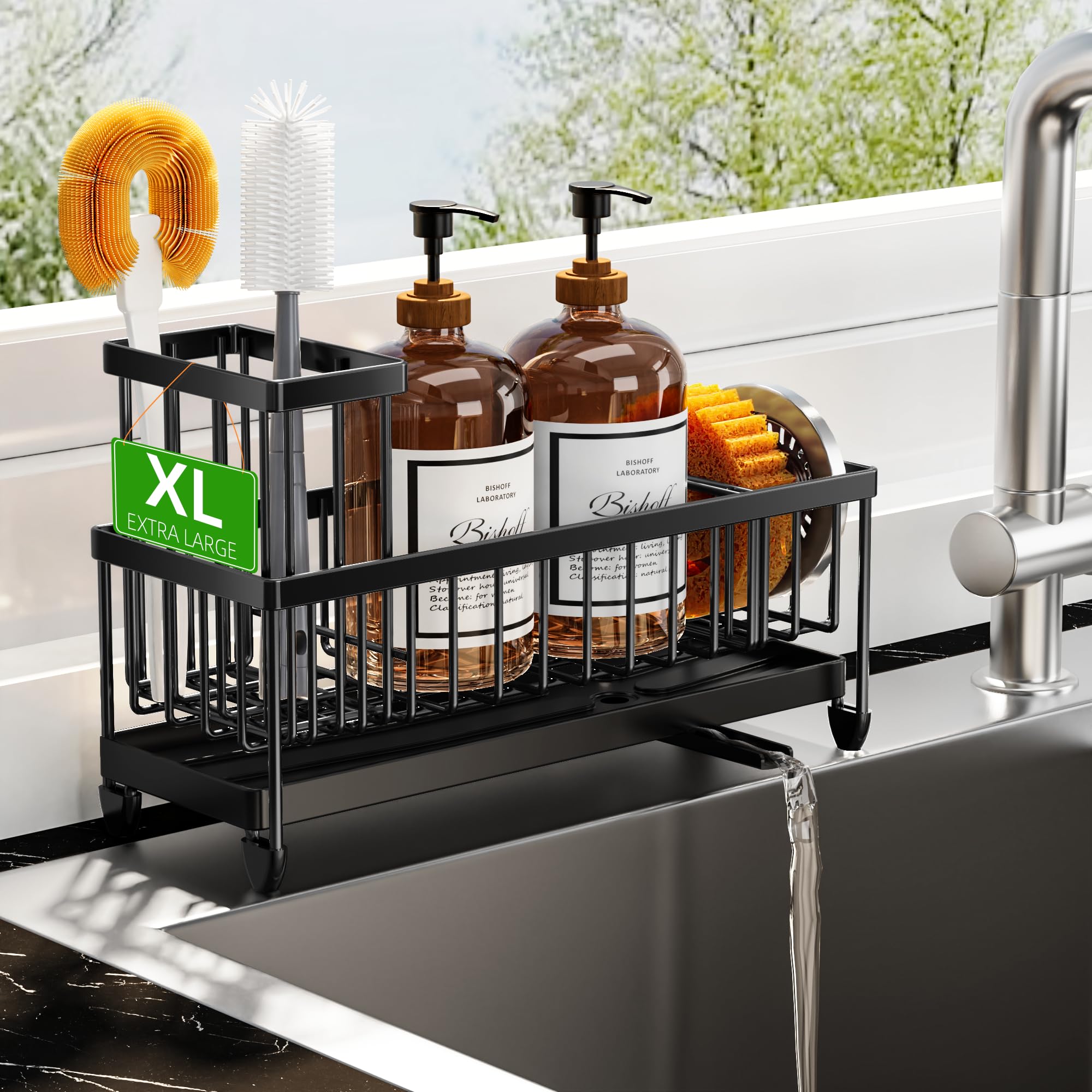 CisilyExtra Large Black Sponge Holder for Kitchen Sink, Sink Caddy Organizer with High Brush Holder, Kitchen Countertop Organizers and Storage Essentials, Rustproof 304 Stainless Steel