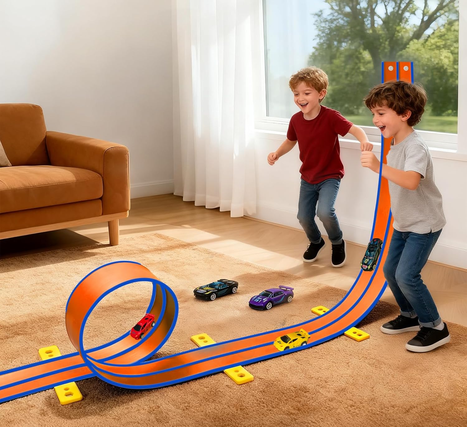 15 Ft Orange Flexible Race Car Track for Kids,Flex Track Starter Set Compatible with Hot Wheels and Diecast 1/64th Cars,Portable Racetrack Roll Up Race Track with 4 Racecars and Suction Cups