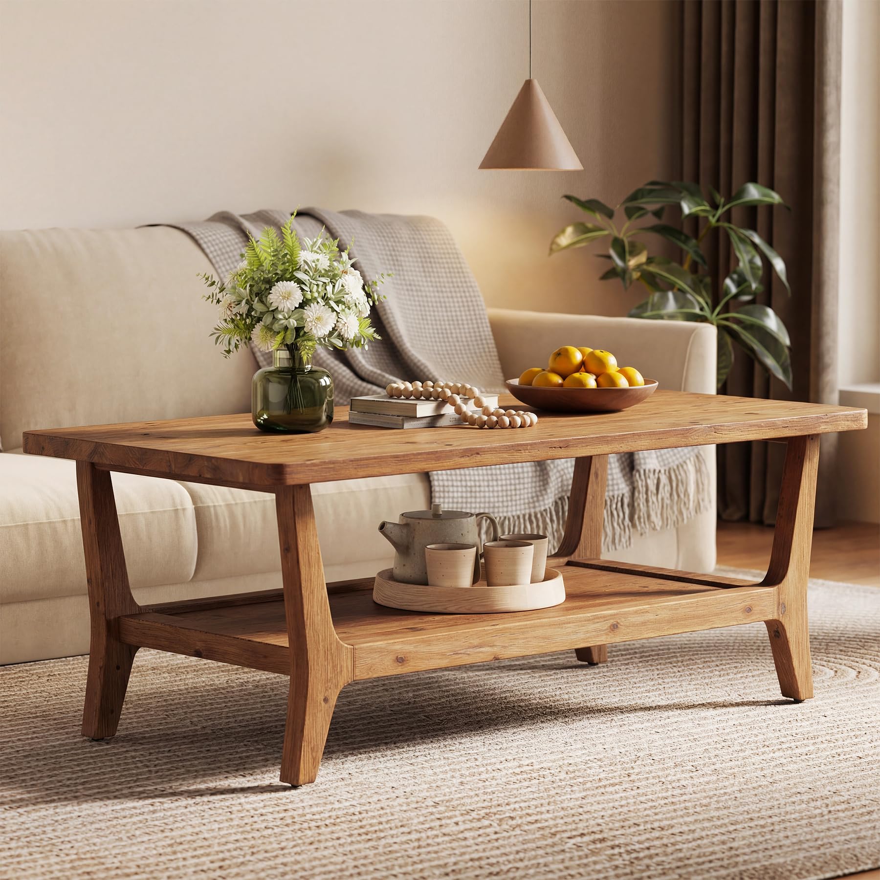 LITTLE TREE Solid Wood Coffee Table 47-Inch Living Room Center Table with Shelf 2-Tier Smooth Corners Child-Friendly Easy
