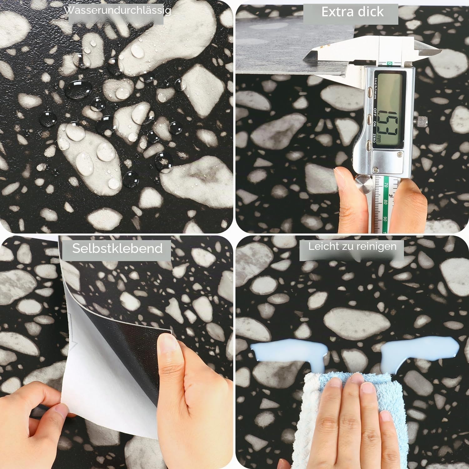 VEELIKE PVC Bodenbelag Terrazzo Schwarz PVC Fliesen Selbstklebend Vinylboden Granit Schwarz Fliesenaufkleber Bodenfliesen Küchen PVC Fliesen Garage Wohnzimmer Schlafzimmer 1.5mm 30cm×30cm 24 Stück