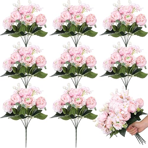 Crowye 8 ramos de flores de seda de hortensias de peonía para boda, flores artificiales vintage con tallos, elegantes flores artificiales para