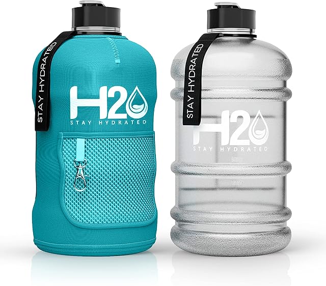 H2O Bottles Reusable Water Bottle | 2.2L Water Bottle for Gym & Fitness| Half Gallon Eco Friendly Hydrate Water Bottle | Carry Handle + Insulated Sleeve Built In Mesh Pocket | BPA Free & Leak-Proof
