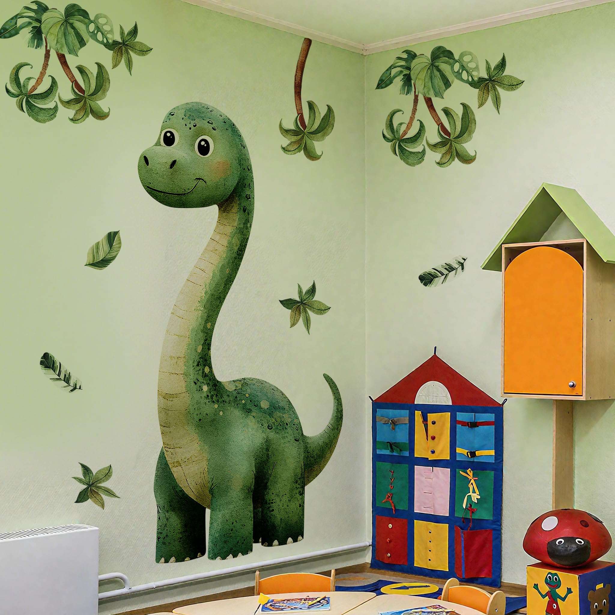 3D Large Dinosaur Wall Decals，Boho Dinosaur Palm Tree Wall Stickers，Peel and Stick Wall Dino Art Decals，Removable Baby Nursery Boys Bedroom Playroom