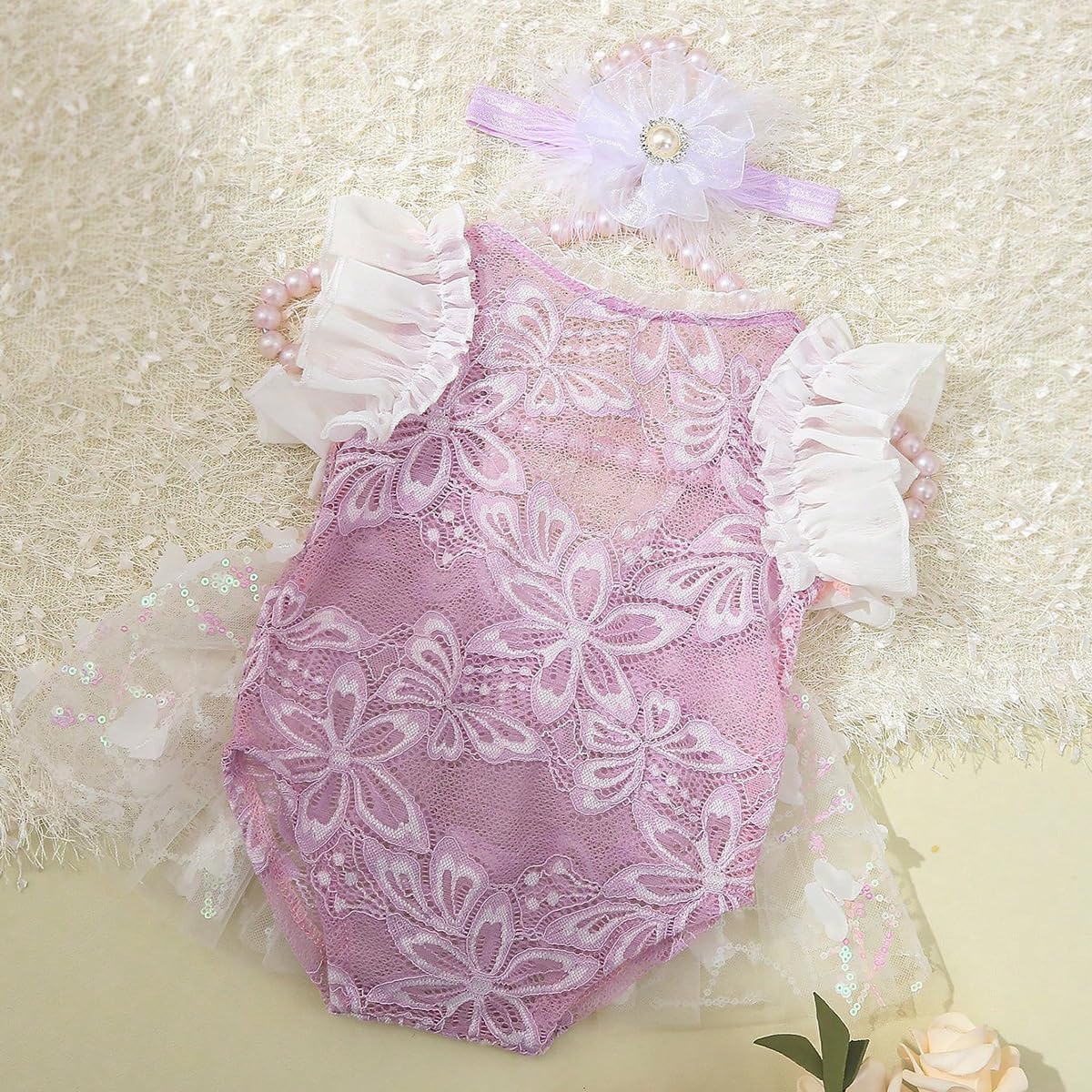 Newborn Photography Outfits Girl Baby Photography Props Lace Romper With headband Baby Photo Outfits Girls Photo Props - Image 4