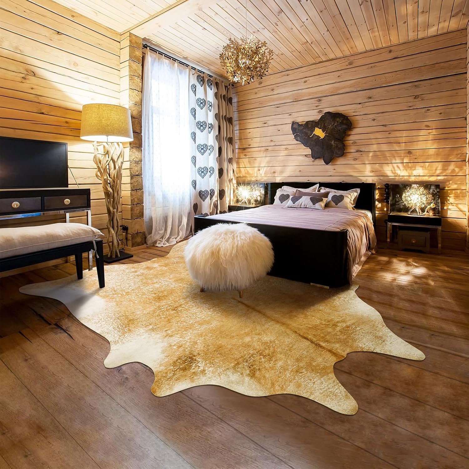 Cow Hide Rug for Living Room, Washable Cowhide Rug, Large Faux Animal Skin Rugs, Non-Slip Cow Print Area Rugs, 5x6 Feet Cowhide Rugs for Bedroom Office Kitchen Fireplace, Khaki