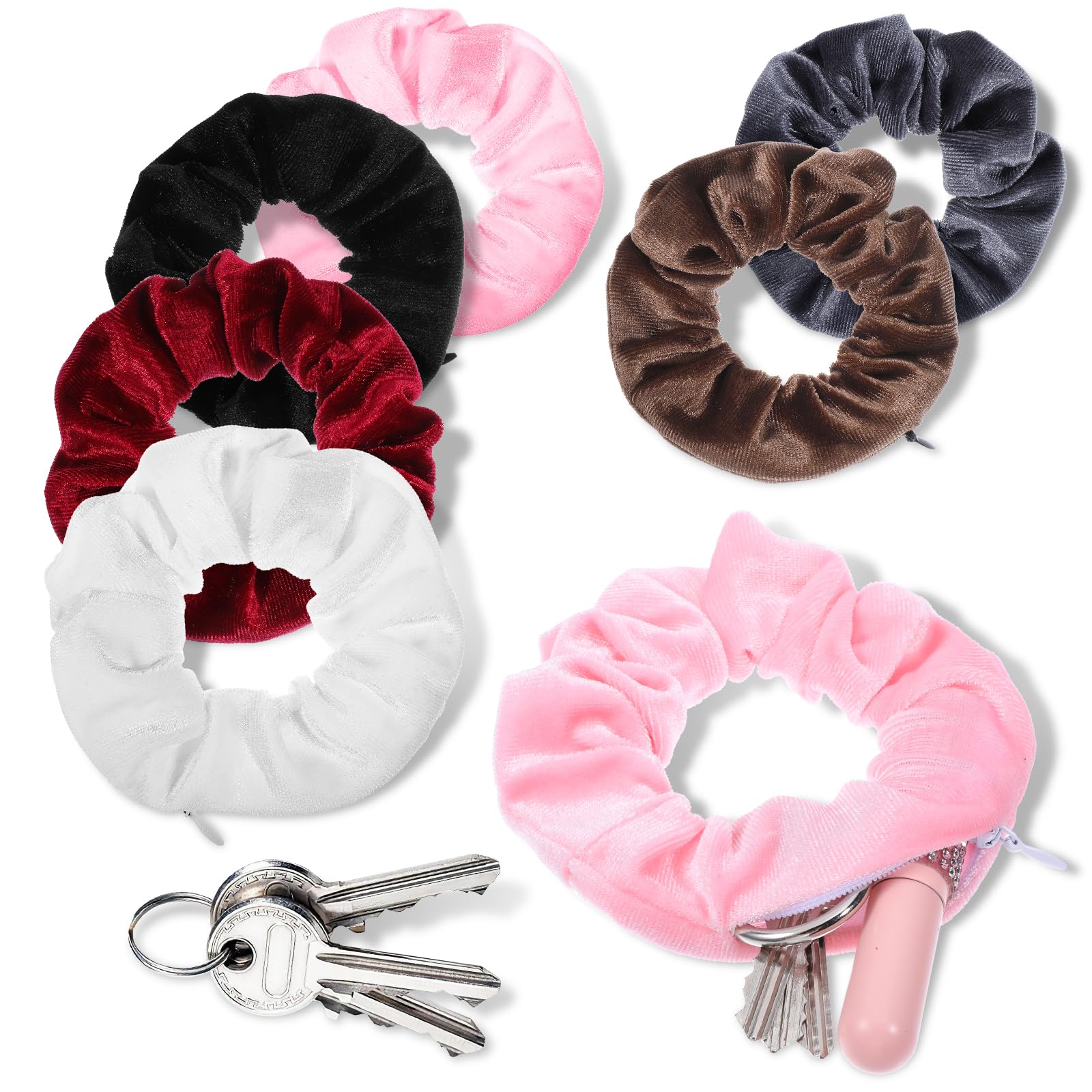 Ouligay 6 Pcs Hidden Pocket Scrunchie,Velvet Scrunchies with Hidden Compartment Items,Velvet Hair Ties Bracelet,Hair Accessories with Zipper Pocket for Lip Cash Earphone Small Object Storage Hidden