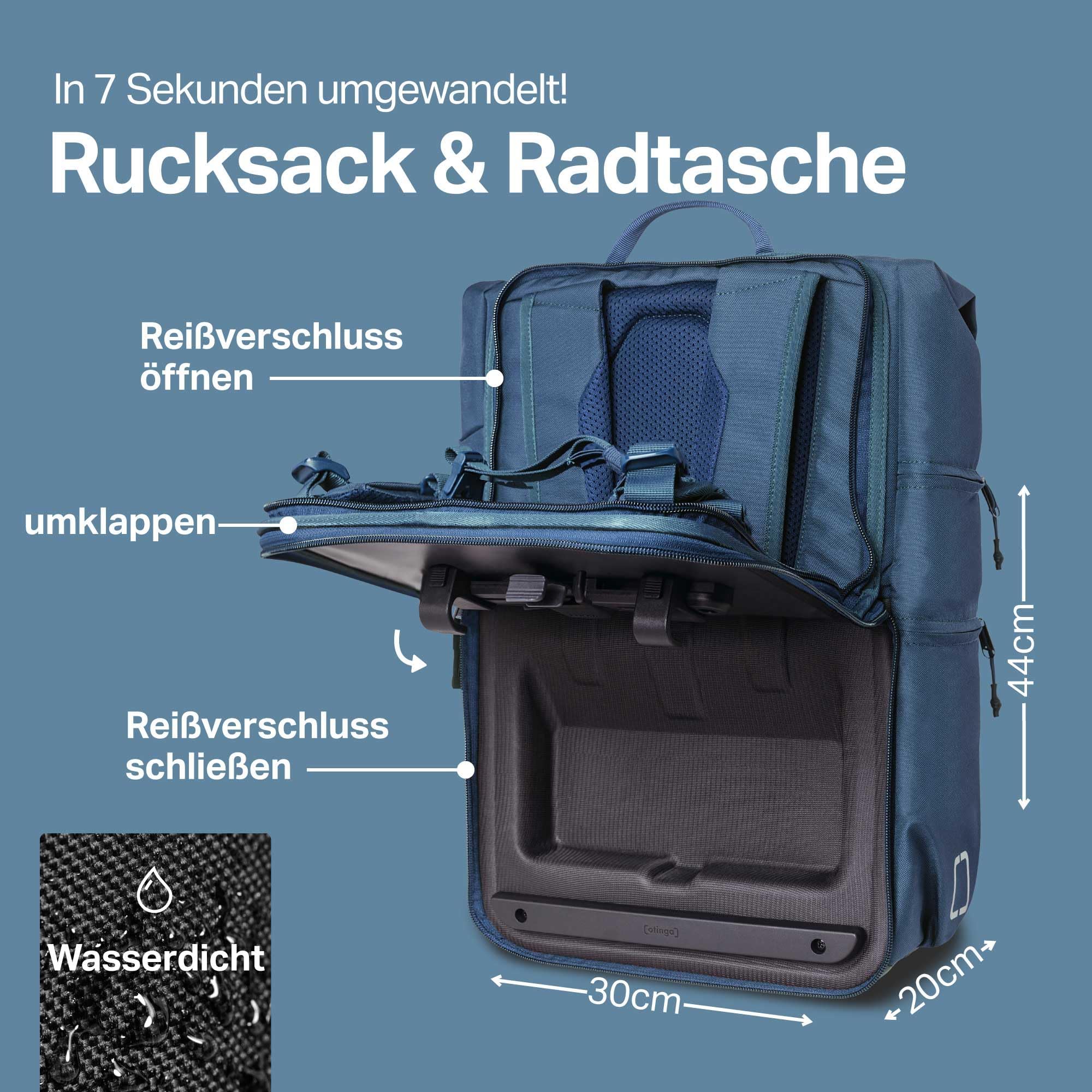 otinga® Flip V2 - Borsa da bicicletta [volume 34 l] per ogni portapacchi, elegante borsa per portapacchi con zaino – convertita in 7 secondi, impermeabile per bicicletta