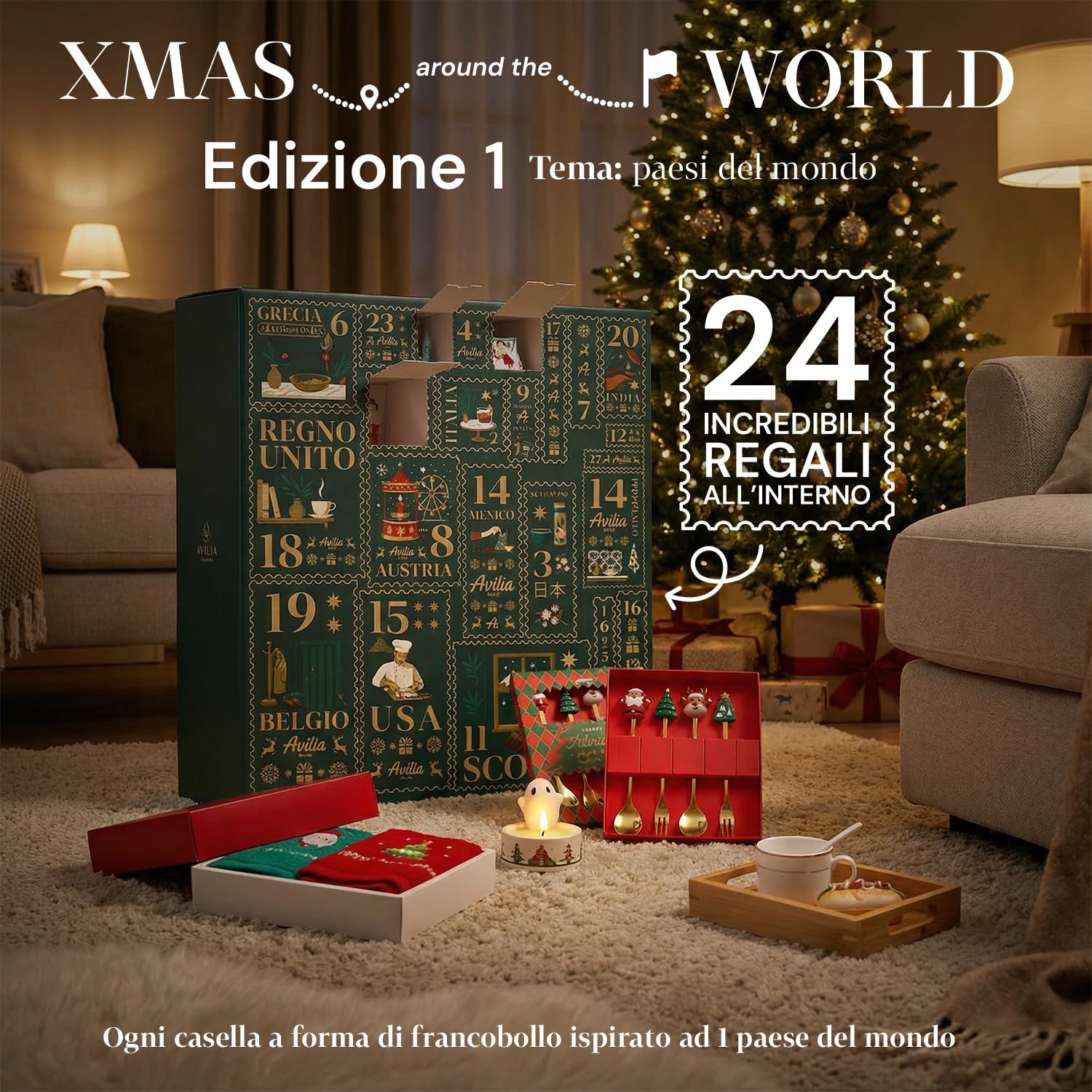 Wintem Calendario de Adviento con 24 regalos temáticos de países del mundo para el hogar, la cocina y el bienestar, idea de regalo original de Navidad con juego de ganso integrado y paquete de lujo