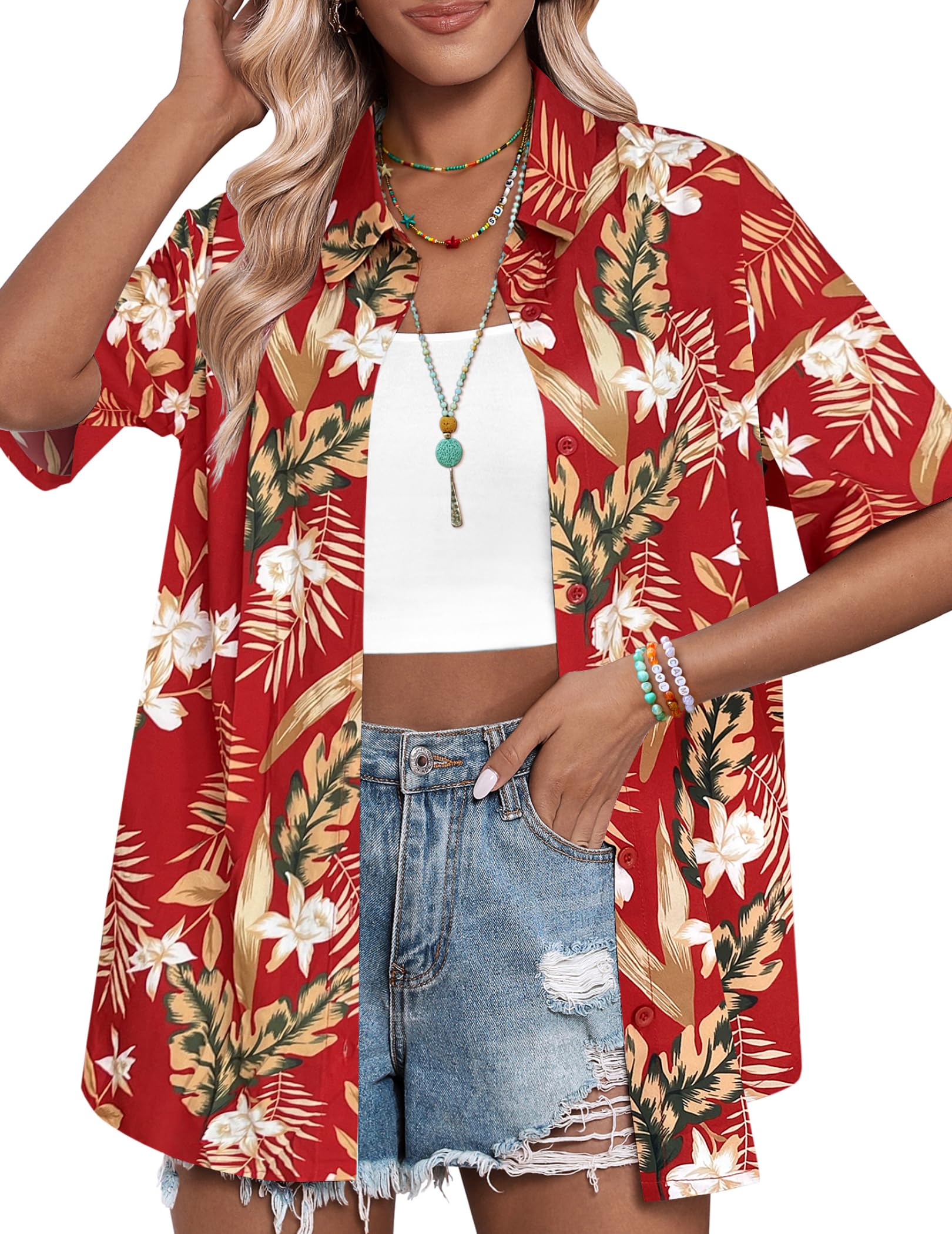 Womens Hawaiian Shirts Button Up Casual Floral Tropical Shirt Summer Beach Shirt Cool Short Sleeve Blouse Tops