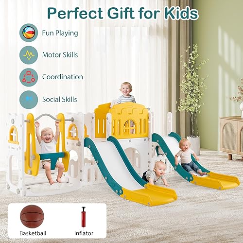 Miniatura 8 de Costzon Juego de columpio y tobogán 10 en 1 para niños pequeños, juego de tobogán y escalador con pasillo, ventana Peek-a-Boo y espacio de