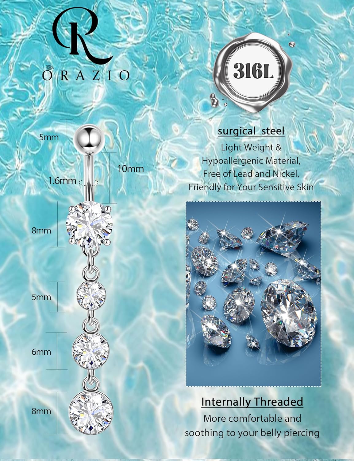 ORAZIO Gold Belly Button Ring Dangle Hypoallergenic Surgical Stainless Steel Belly Rings for Women 14G Belly Button Piercing Cute Navel Ring Belly Piercing Jewelry - Image 4