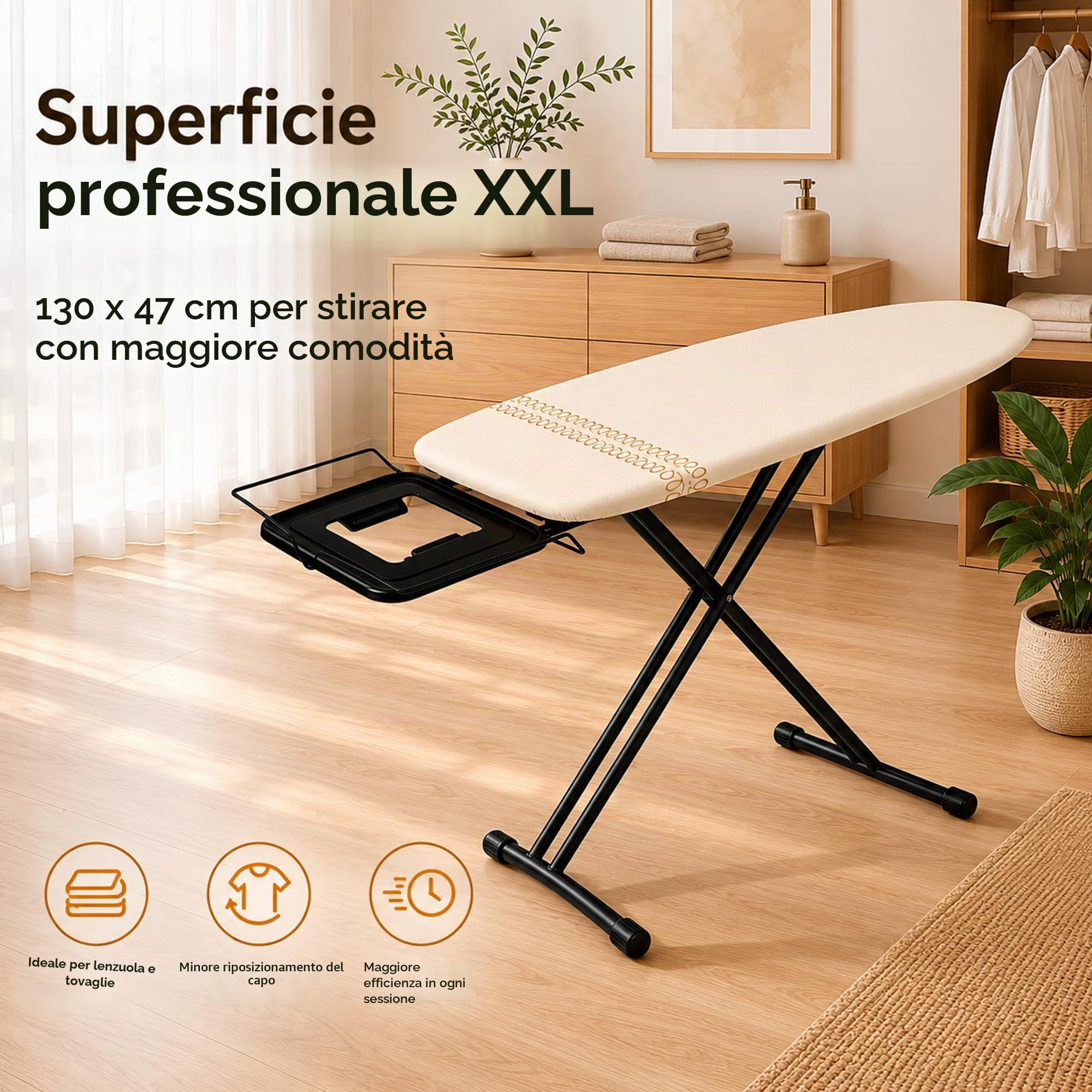 Asse da stiro professionale XXL StarBigVIP 130 x 47 cm – Uso intensivo, struttura rinforzata e stabile – Per ferro con caldaia