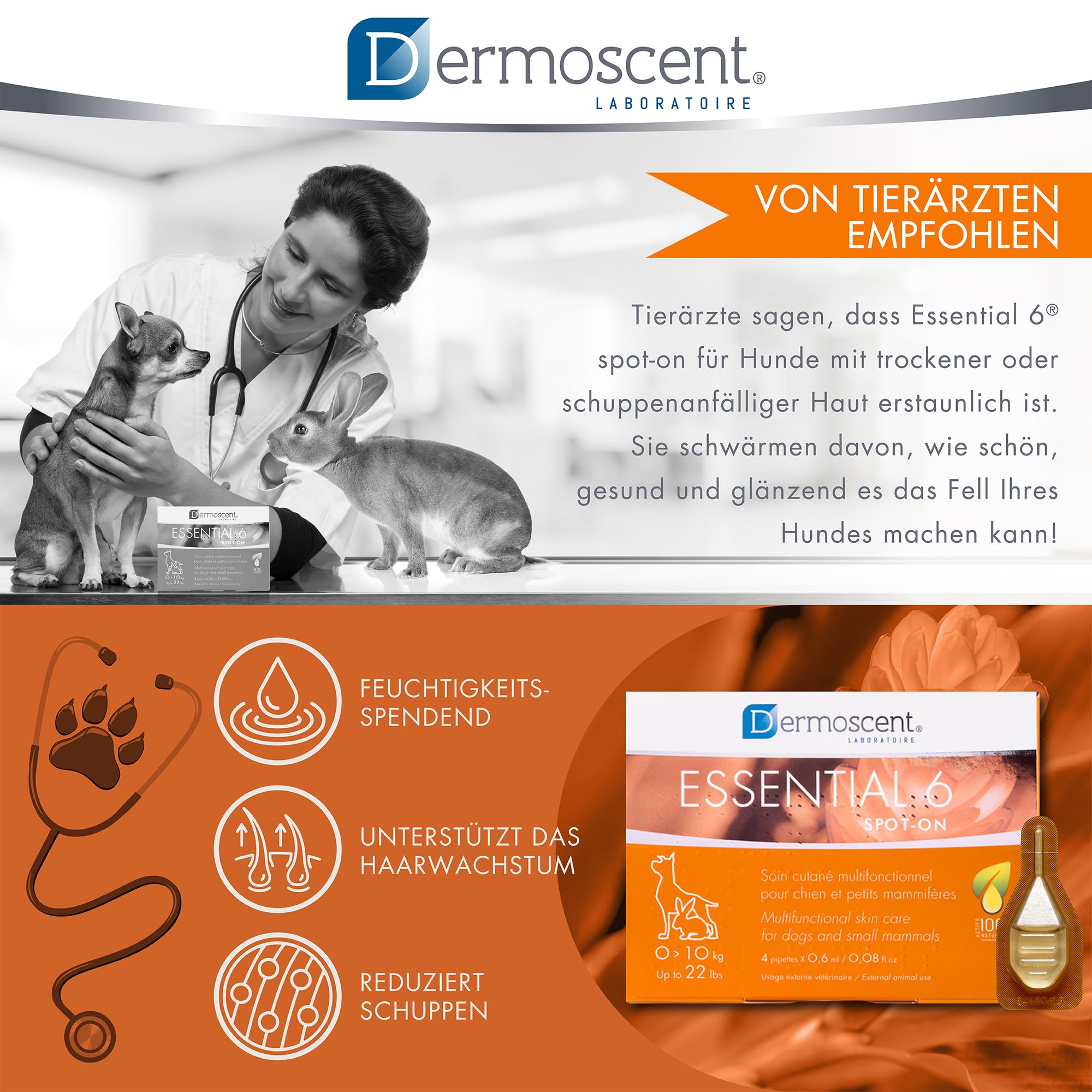 Dermoscent Essential 6 Spot-On | 4 x 0,6 ml | Für kleine Hunde, Katzen und Kleintiere | Kann zur Linderung von Juckreiz beitragen | Mit Vitamin E | Mühelose Anwendung