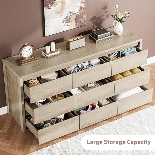 Miniatura 4 de GarveeHome Cómoda de 9 cajones para dormitorio, cómoda ancha y moderna, cómoda grande de madera para almacenamiento de madera para sala de estar,