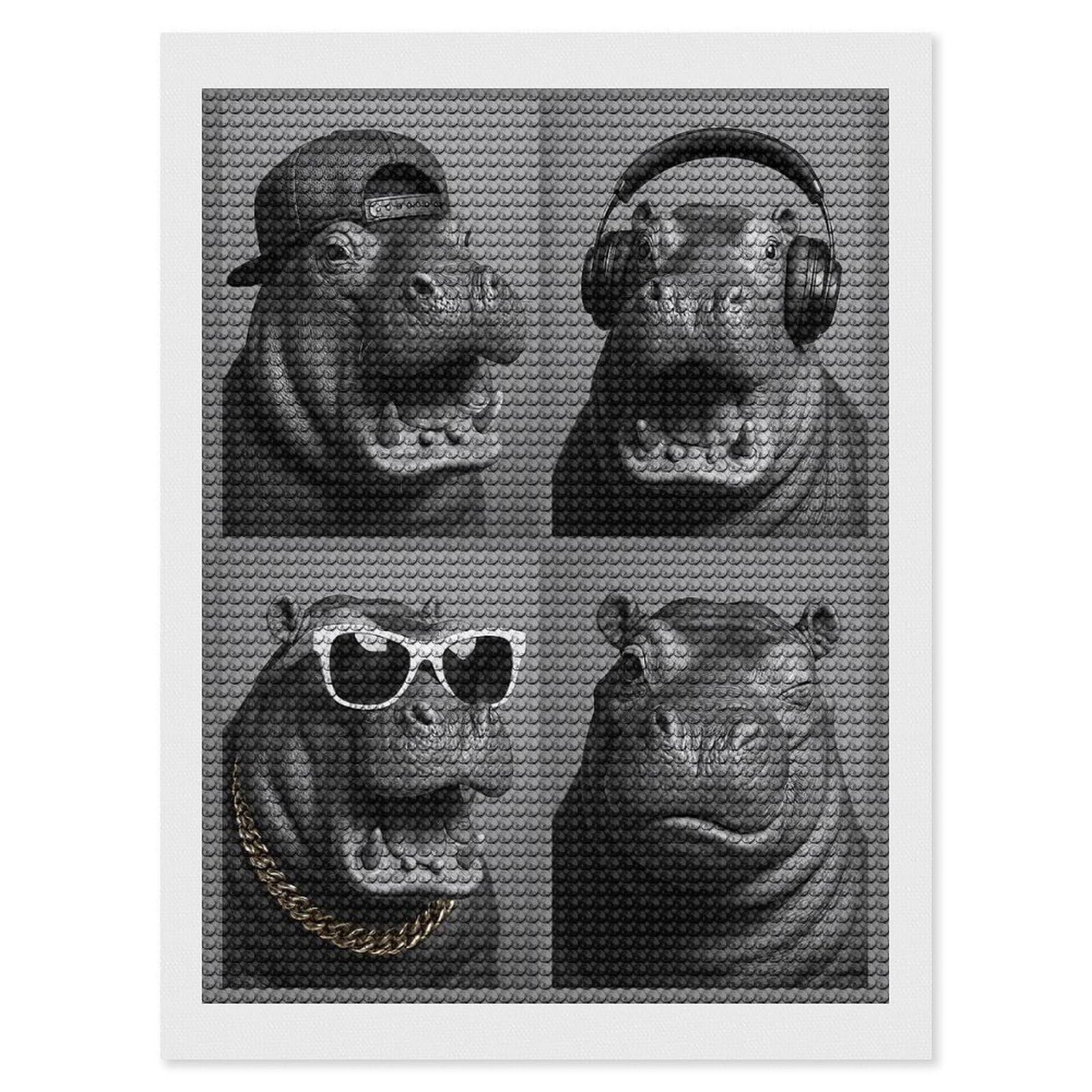 Junmoney Hip Hippos in Monochrome Diamond Painting Set 12"x16", Sparkling Round Gems, Decorate Your Room, Fun Craft Experience, Modern Decor
