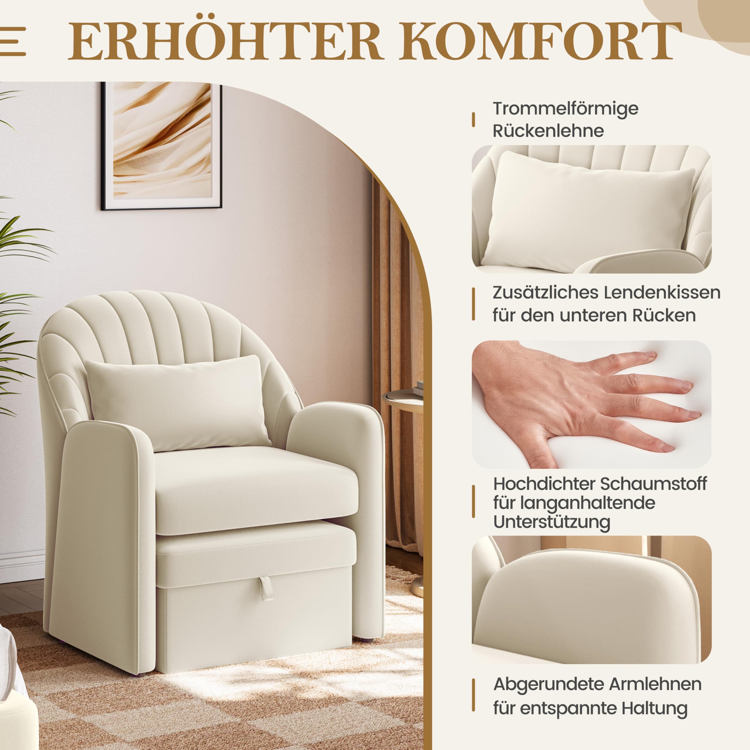 Yaheetech Sessel mit Hocker mit Stauraum, Bequemer Ohrensessel Wohnzimmer mit Rückenkissen, Relaxsessel Samt in Blütenblattform, Lounge Sessel für Büro/Schlafzimmer, Beige