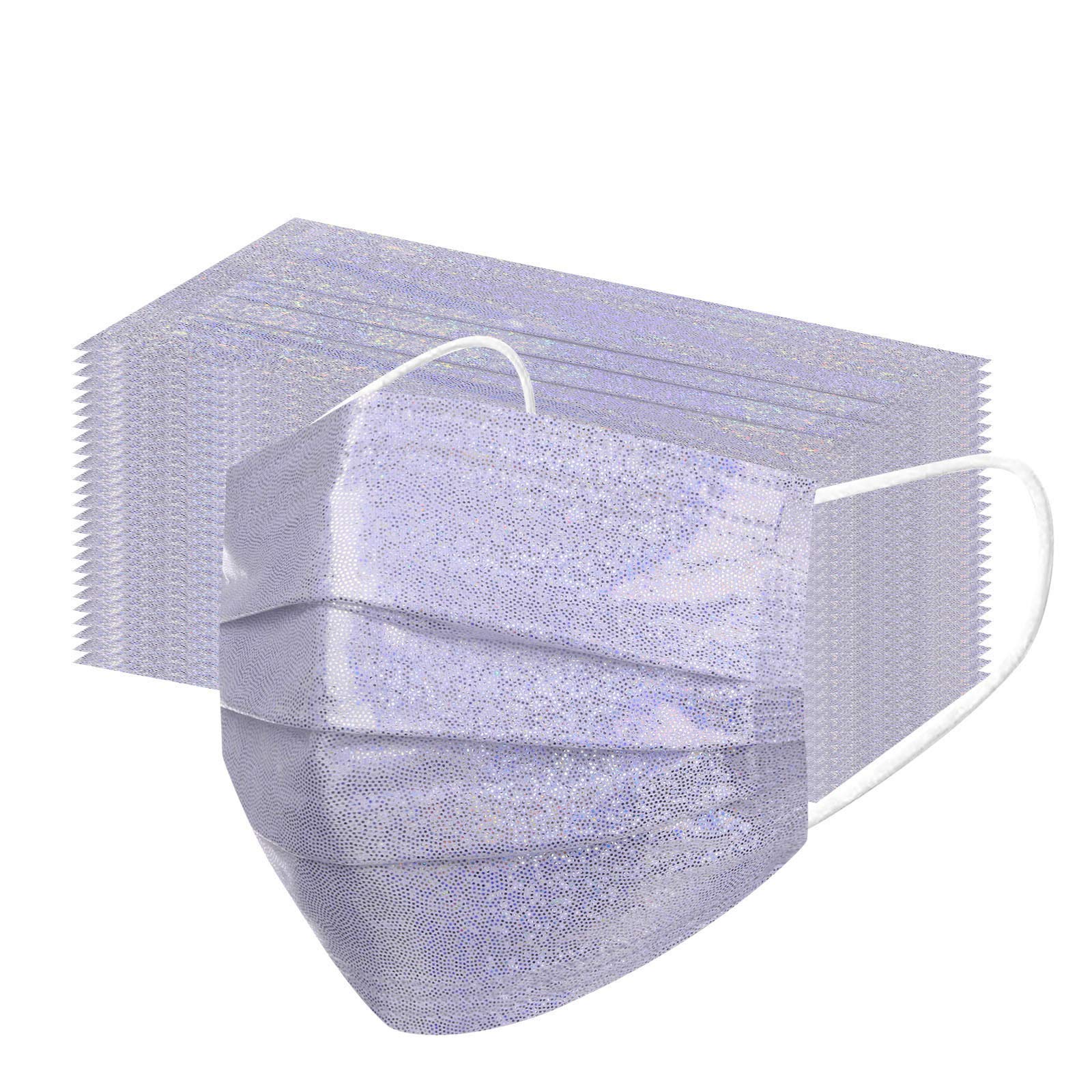 Celendi10 Pcs Sparkly Disposable Fashion_Face_Masks, Full Protection 3-Layers, Breathable Non-Woven, Bling Masquerade Party Nightclub Cosplay Costume Accessories for Women and Girls, Adults, Light Purple