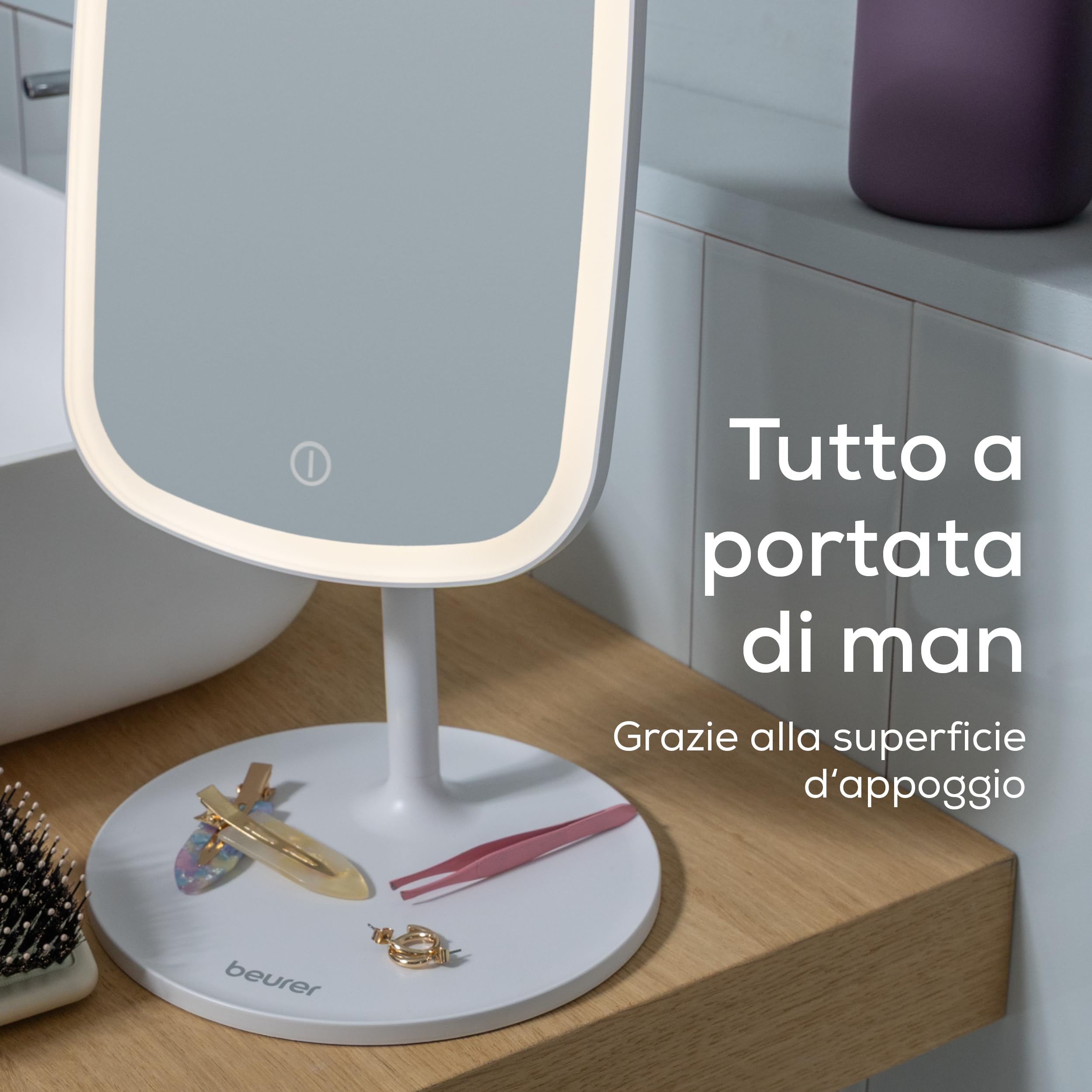 Beurer BS 47 Specchio cosmetico illuminato con 3 colori adatto per il makeup, con supporto magnetico, ruotabile a 360° e rimovibile, pratico specchio da bagno con superficie di appoggio